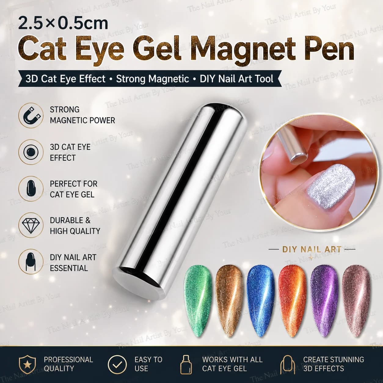 Penna Magnetica Rotonda 2.5x0.5cm per Nail Art Effetto Occhio di Gatto, per Smalto Gel, Pittura Unghie 3D, Strumento per Manicure Fai-da-Te