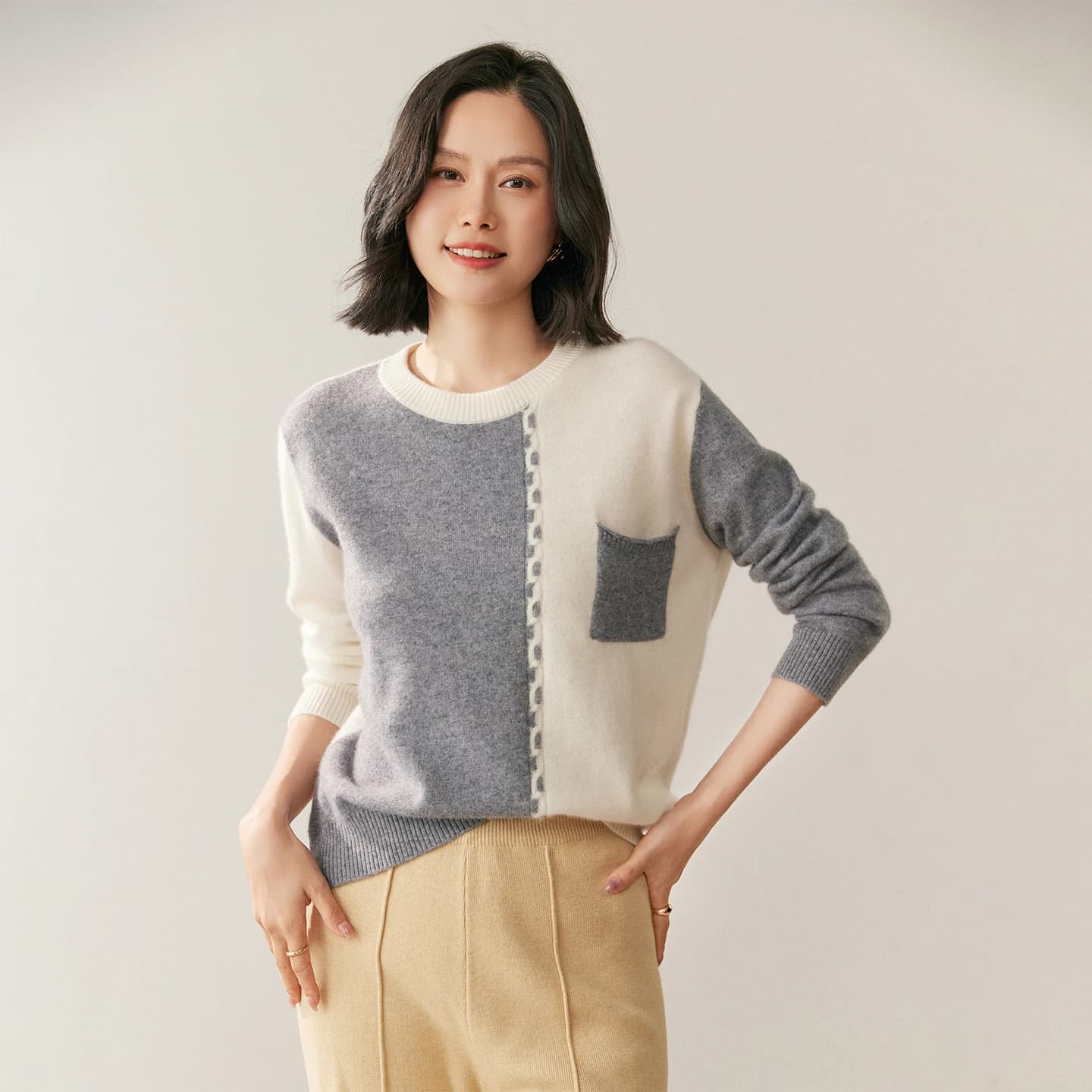 Maglione da donna in cashmere 100% pullover casual in maglia a blocchi di colore Top base girocollo ampia Camicetta calda con giunture tascabili