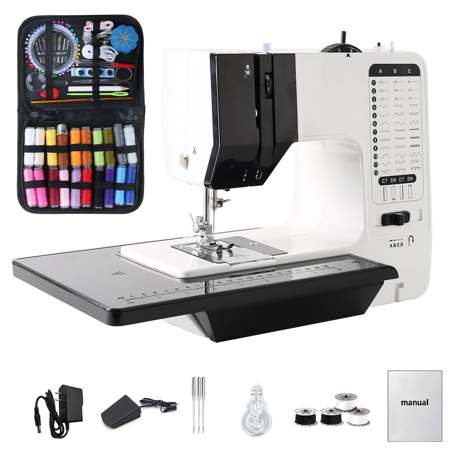 Mini macchina da cucire elettrica a 12 punti con tavolo da cucire e kit da cucito 113 pezzi Design base multifunzionale