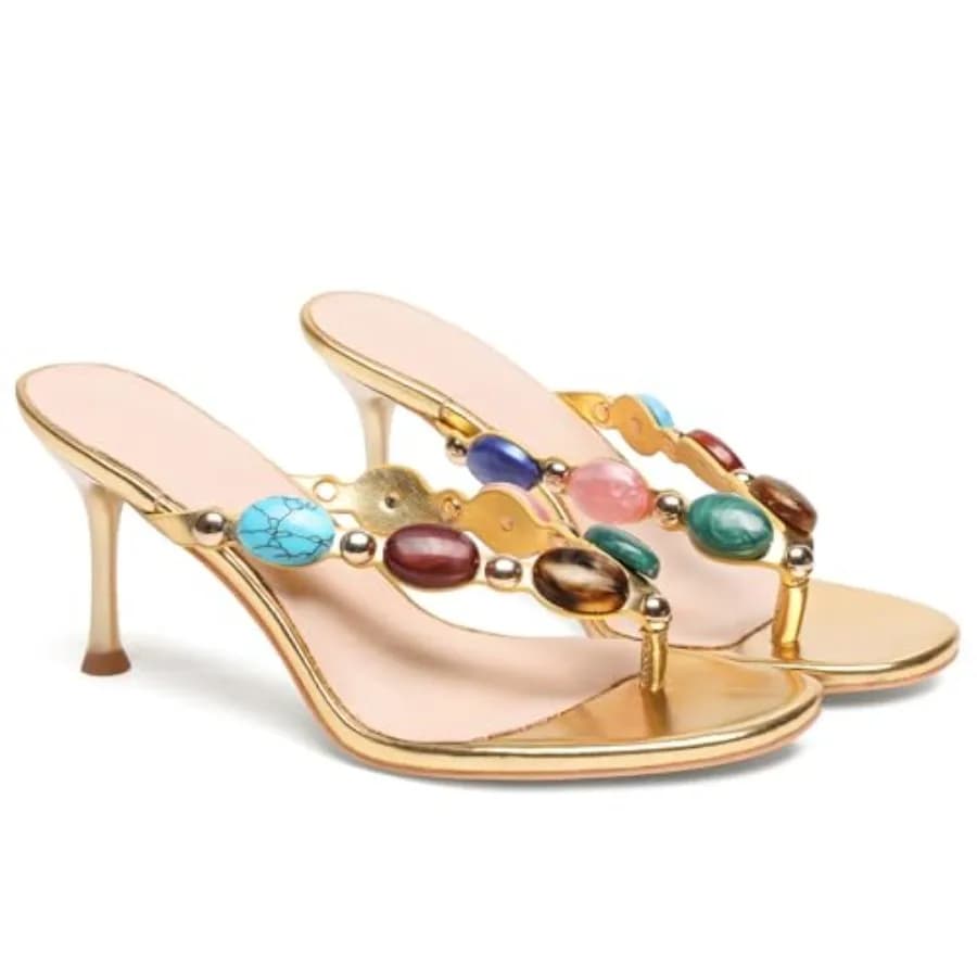 Oakmoo Women's Jeweled Thong Strappy Sandal Summer Mules Kitten Heels Flip Flop Round Open Toe Mid Heels Fashion Wedding Party