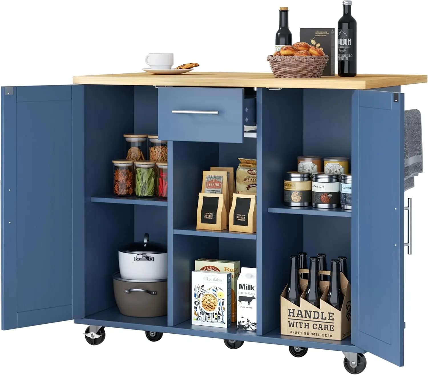 Isola da Cucina JY QAQA 42'' con Contenitore su Ruote, Tavolo Girevole con Piano Ribaltabile, Cassetti, Maniglia per Carrello Portasciugamani o Movimentazione Libera