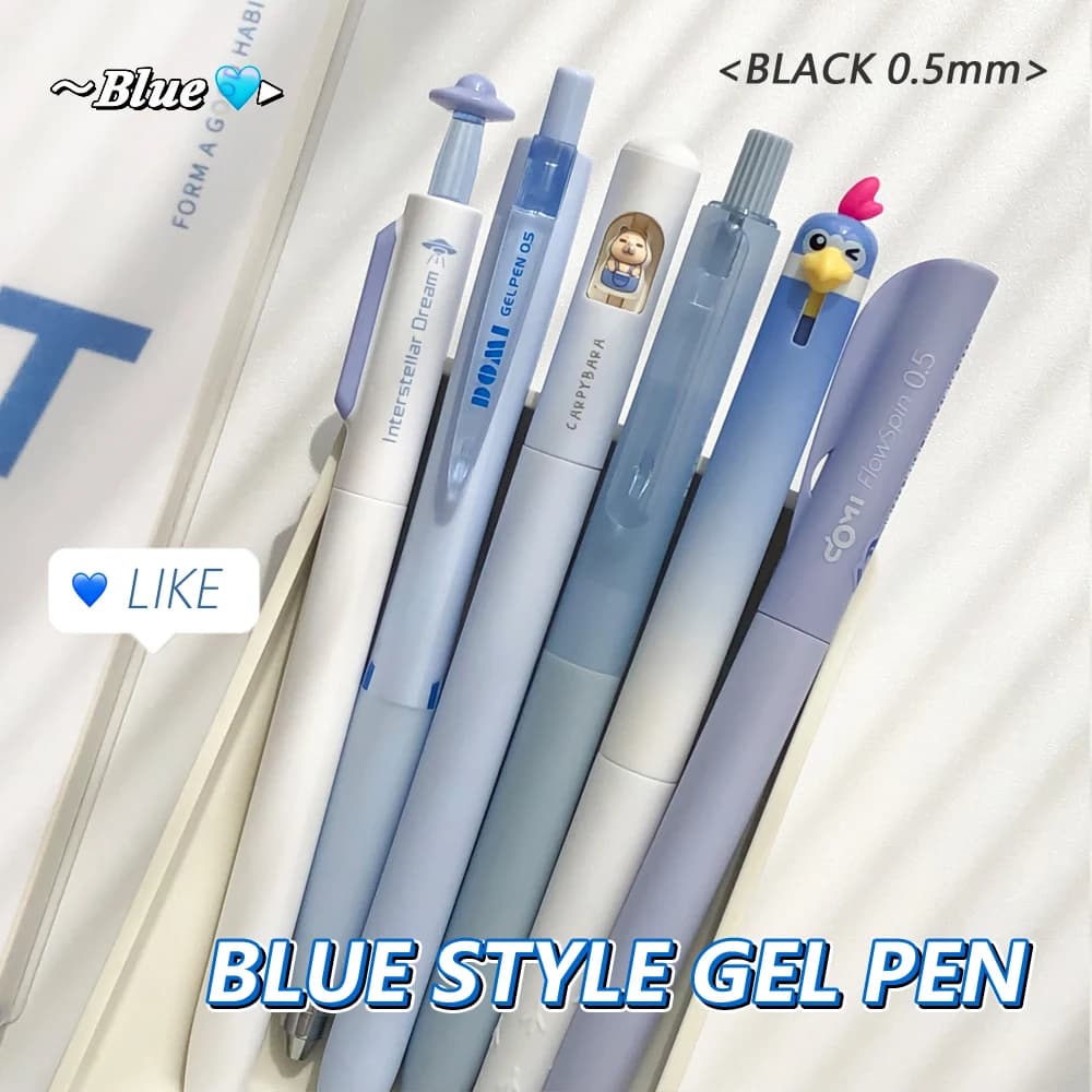 6 pezzi/set set di penne gel dal design blu penne a inchiostro nero liscio da 0,5 mm ad asciugatura rapida per esami di studenti, scrittura, studio e cancelleria per ufficio
