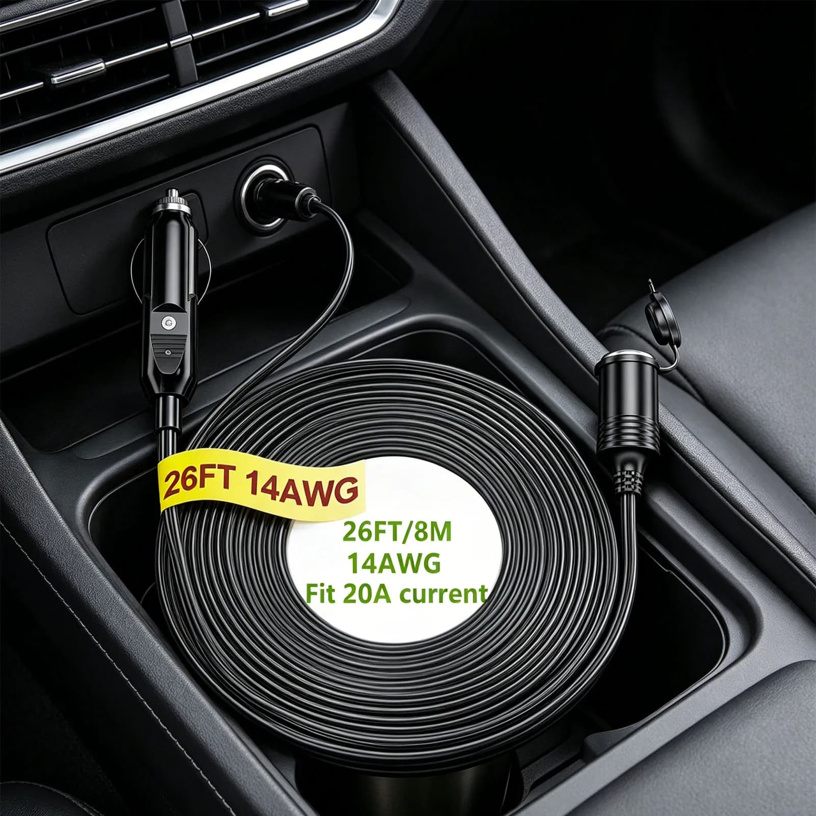 14AWG/16AWG Car Splitter Charger Cable Socket Plug Auto Accessories 12V 24V 15A/20A Car Cigarette Lighter Extension Cord