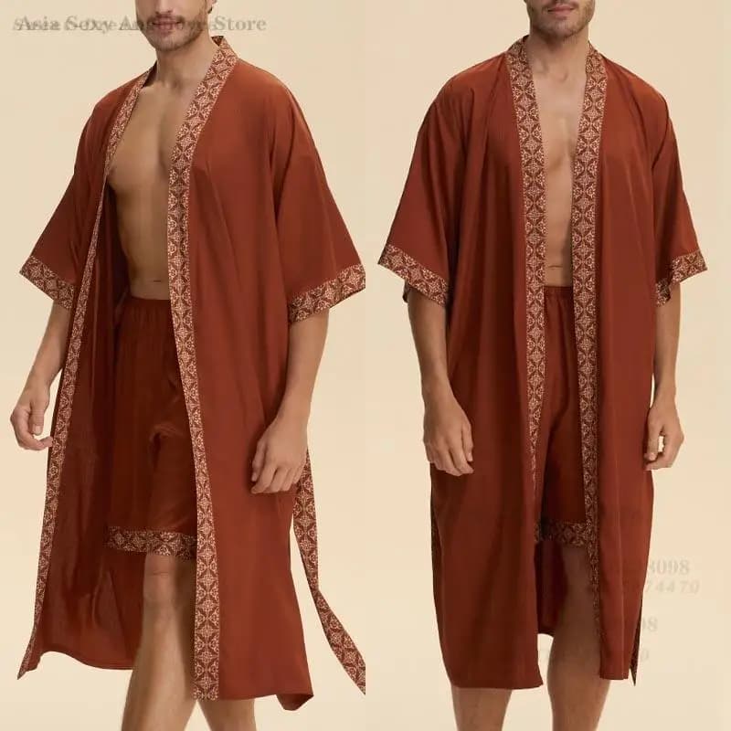 Men's Robe Sleepwear Style Baroque Short Sleeve Kimono Bathrobe Dress Home Wear Satin Peignoire De Douche Homme Shorts Pijama Set