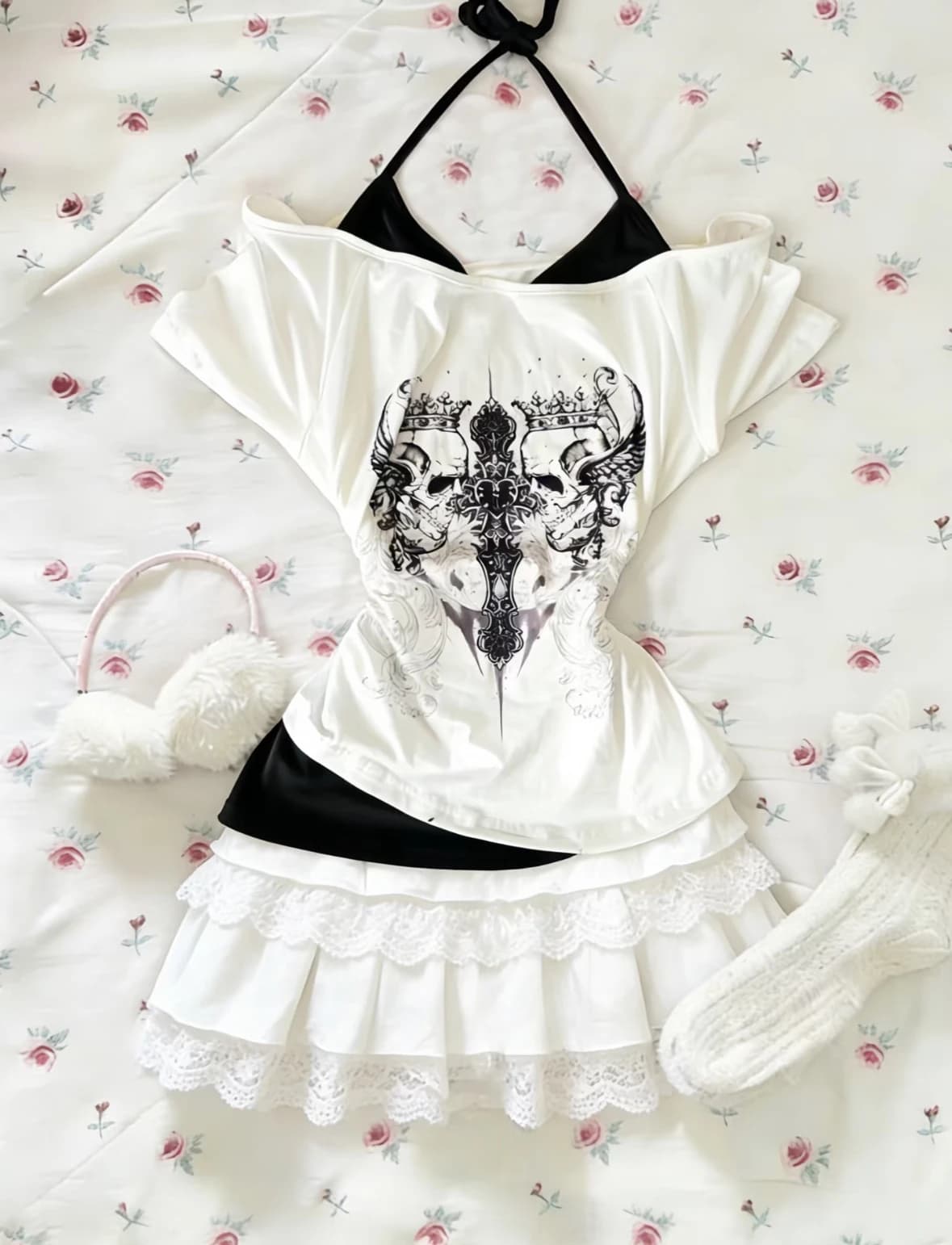Vintage Y2k American Slim Print Off Shoulder Tops Women Short Sleeve Tee Fake Two Piece Halter Lace Up T-shirts New Summer Shirt