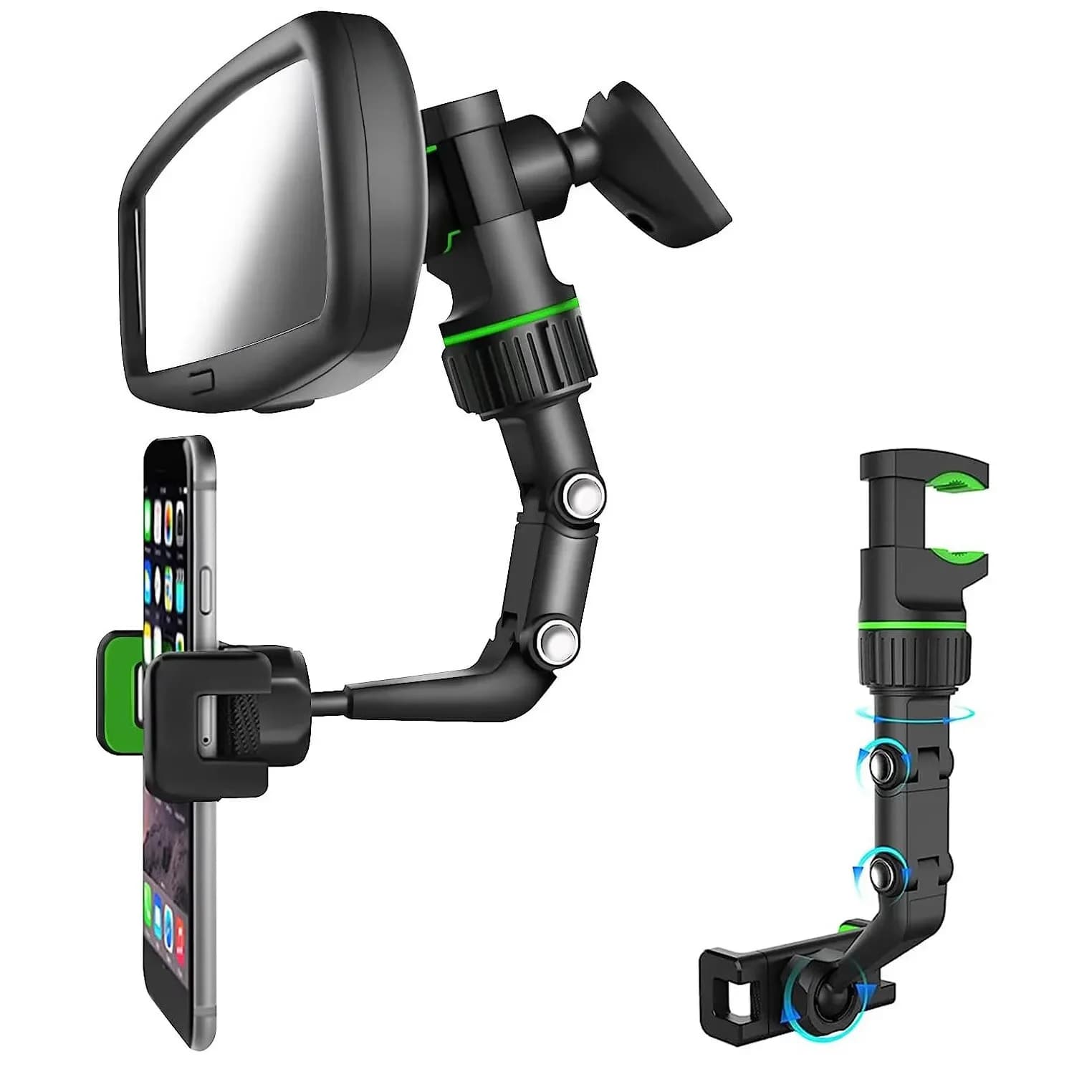 Supporto per telefono con specchio Earview, 360 ° Supporto per telefono per auto retrattile girevole, supporto per specchietto retrovisore multifunzionale per telefoni