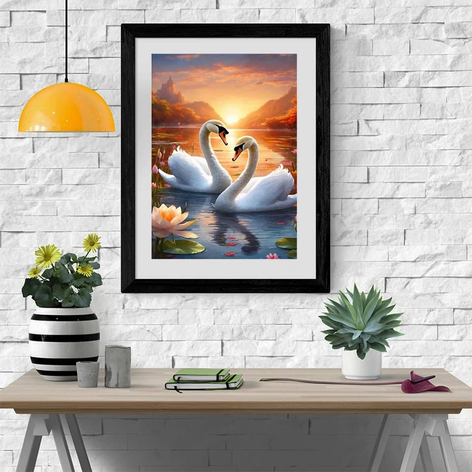 Kit per ricamo a punto croce 5D con strass, mosaico di diamanti, immagine di cigno e animali, tramonto, fiume, artigianato