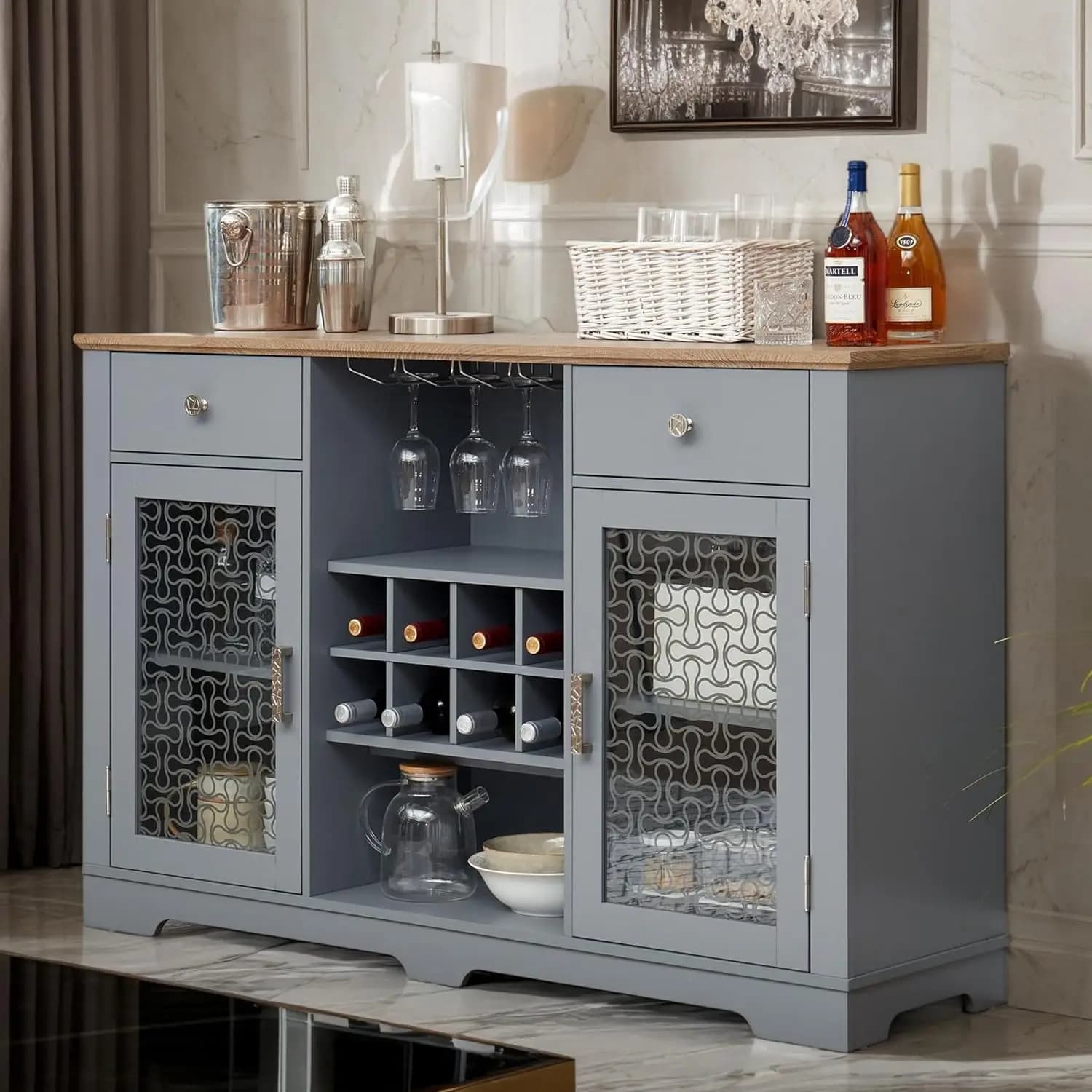 Mobile Bar da 56 Pollici con Ante in Vetro Temperato, Portabottiglie e Cassetti, Stile Rustico per Cucina, Soggiorno e Sala da Pranzo, Personalizzabile