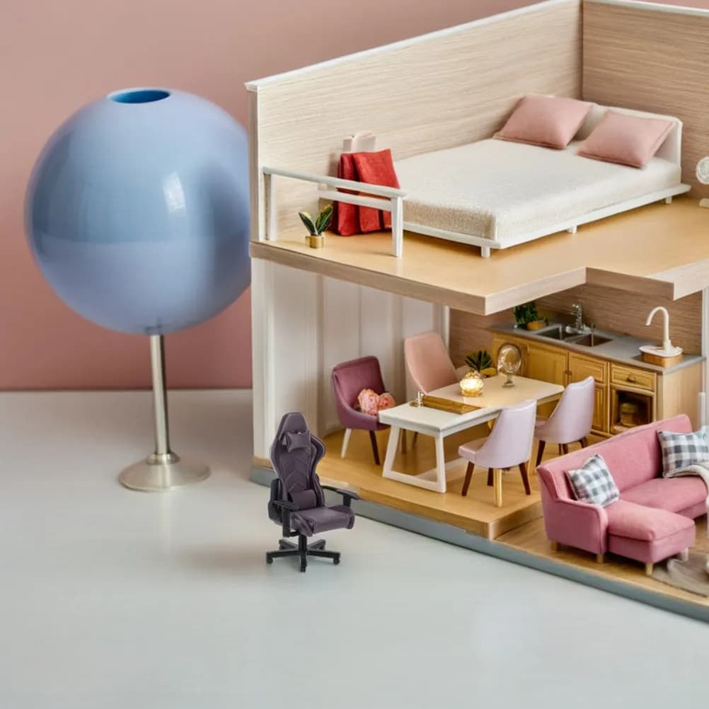 1Set Miniature Gaming Desk and Chair Black 1:12 Scale Realistic Computer Chair Decoration for Dollhouse Crafts DIY Scenes