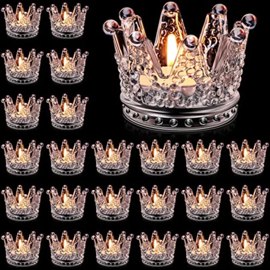 24 Pezzi Portacandele Votivi Trasparenti a Corona per Compleanno, Portacandele Tealight in Vetro a Corona, Candele Votive all'Ingrosso per Centrotavola