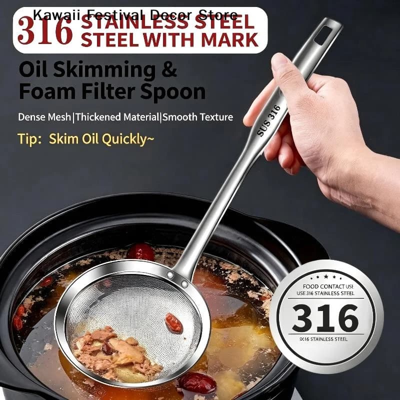 【K】316 Stainless Steel Fat Skimmer Spoon Fine Mesh Grease Foam Removing Oil Dregs Fishing Percolator Fried Food Net Strainer