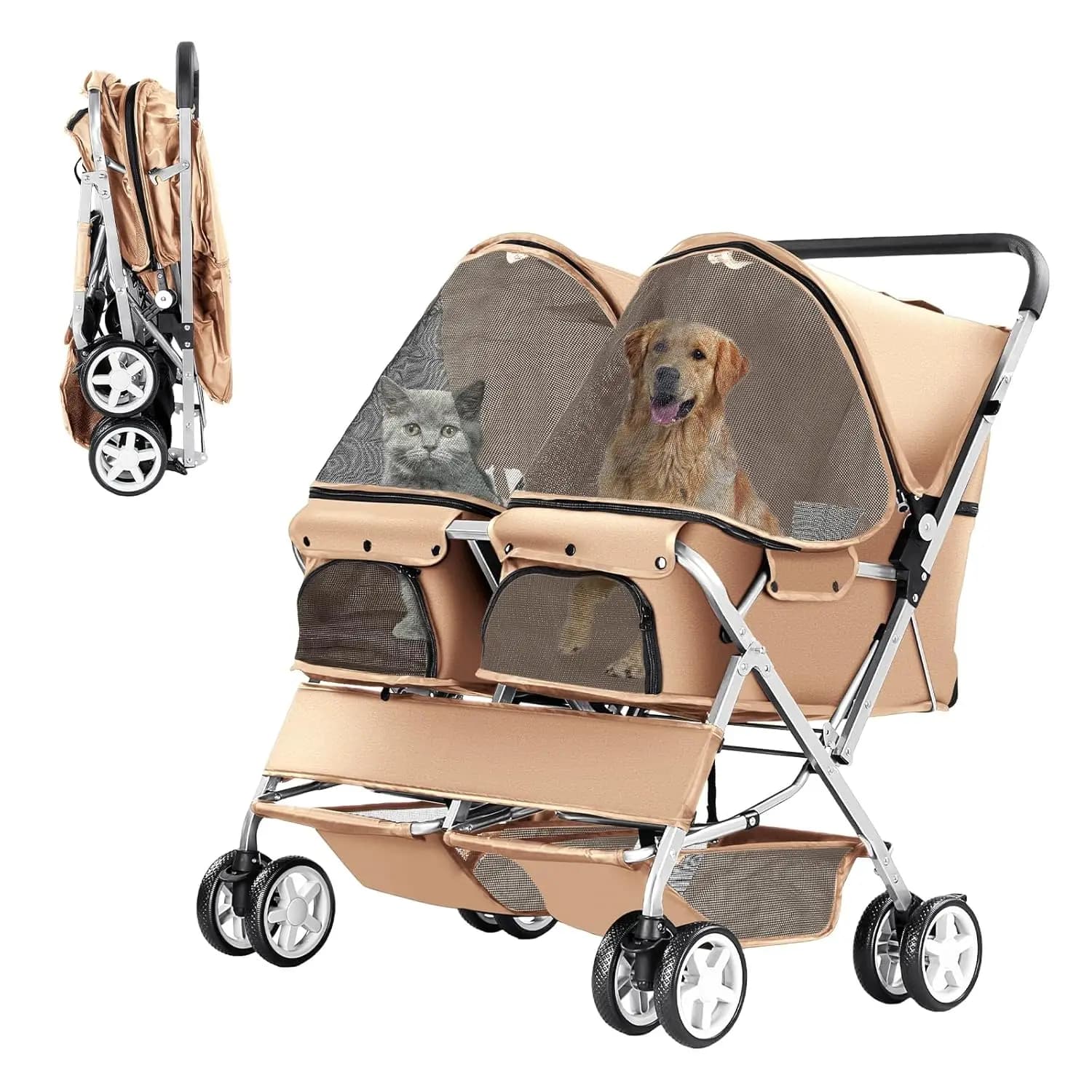 Passeggino Doppio Pieghevole per Cani e Gatti, Trasportino a Due Posti con Cestino Portaoggetti, Beige