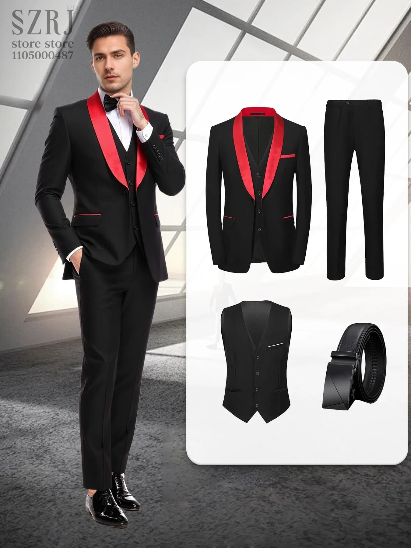 Men's formal set 4 pieces: tuxedo, vest, trousers, belt with. Classic and elegant clothing for business, parties, banquets, interviews