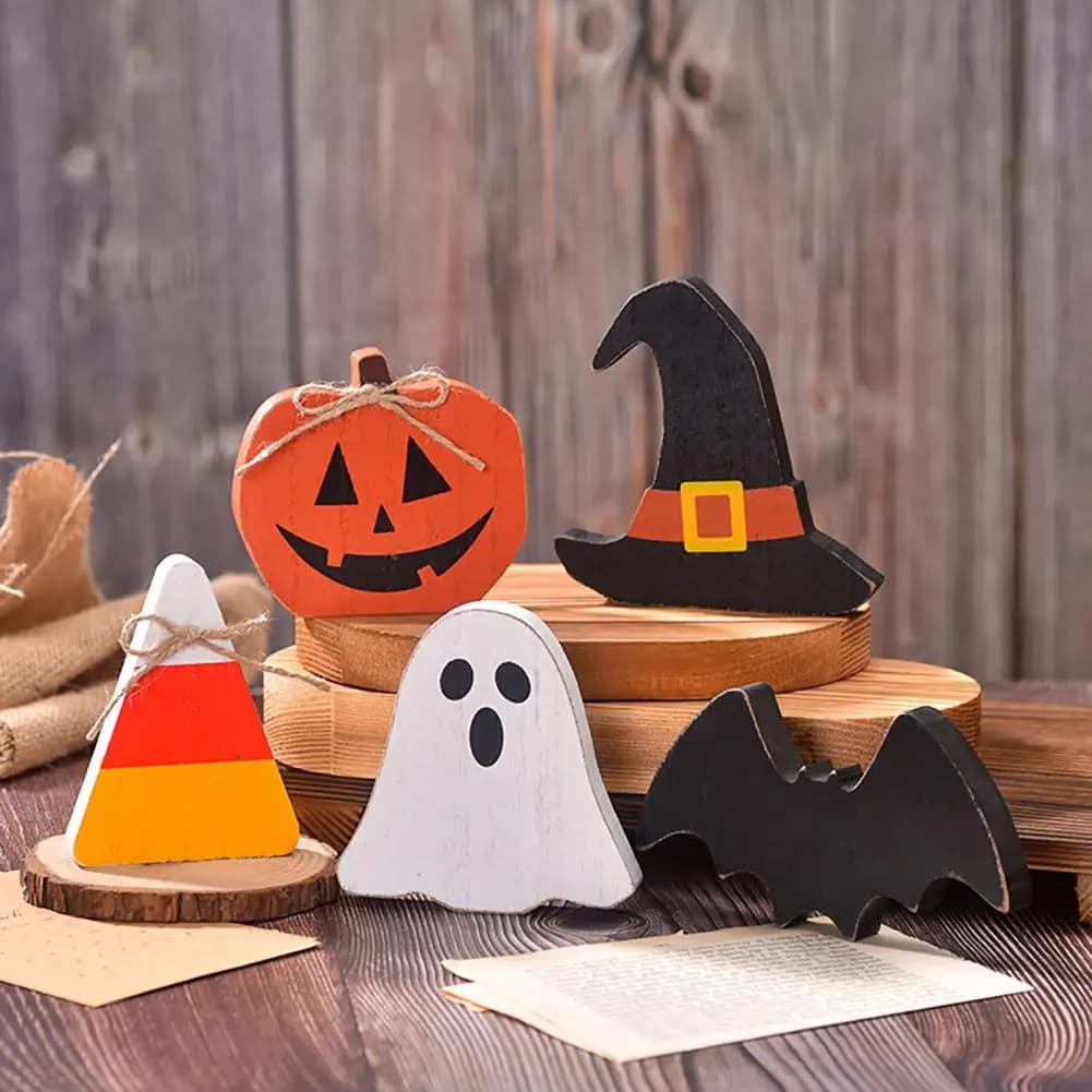 Retro Wooden Craft Ornaments Halloween Table Decorations Halloween Table Sign Wooden Pumpkin Ghost Block Rustic Tiered Tray