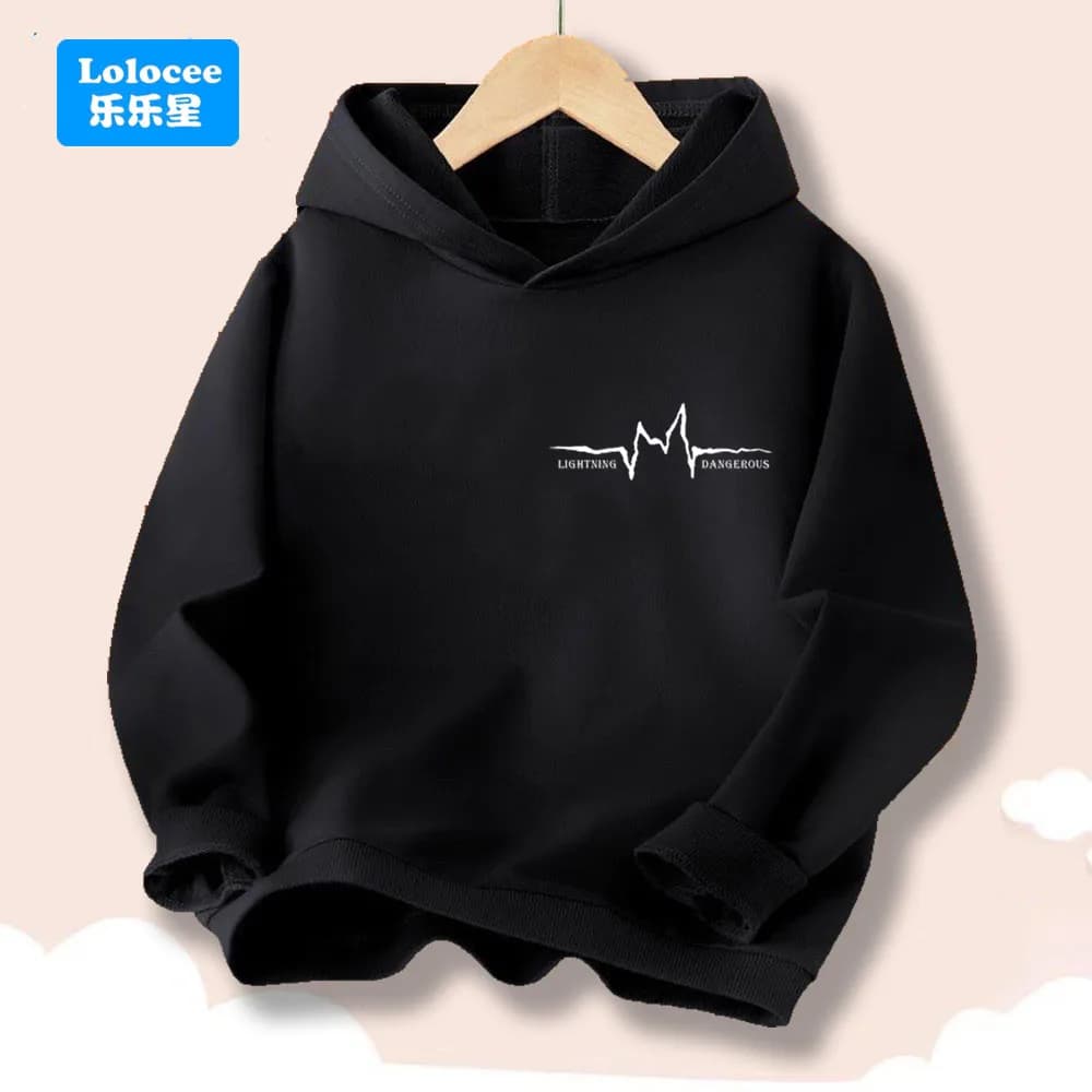 Boys' Black Hoodie with Lightning Pulse Print - Casual Cool Long Sleeve Pullover Sweatshirt for Kids Fashion Streetwear SDCK1