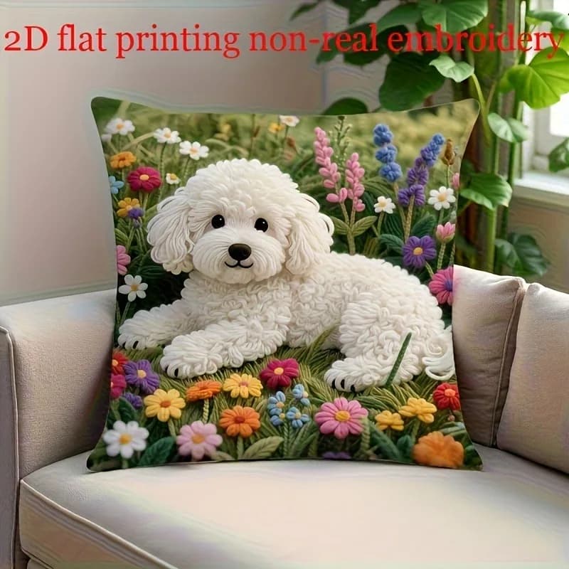 Fodera per cuscino a doppia faccia con stampa 2D con design a forma di cane e fiore, 1 pezzo, fodera decorativa per cuscino con animali dei cartoni animati per divano, decorazione per letto