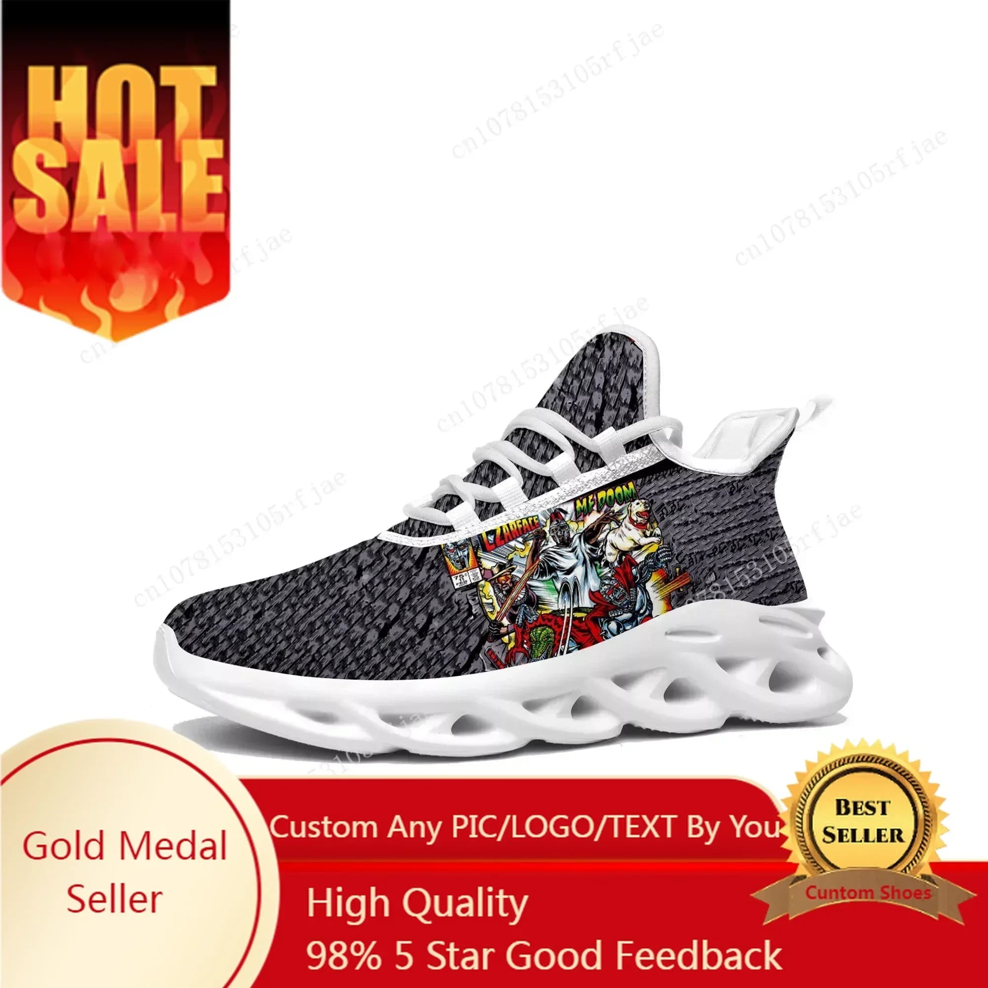 MF Doom Flats sneakers for Men and Women, Hip Hop Sport Shoes from Rapper, Mesh Footwear with Laces, Custom White Shoes