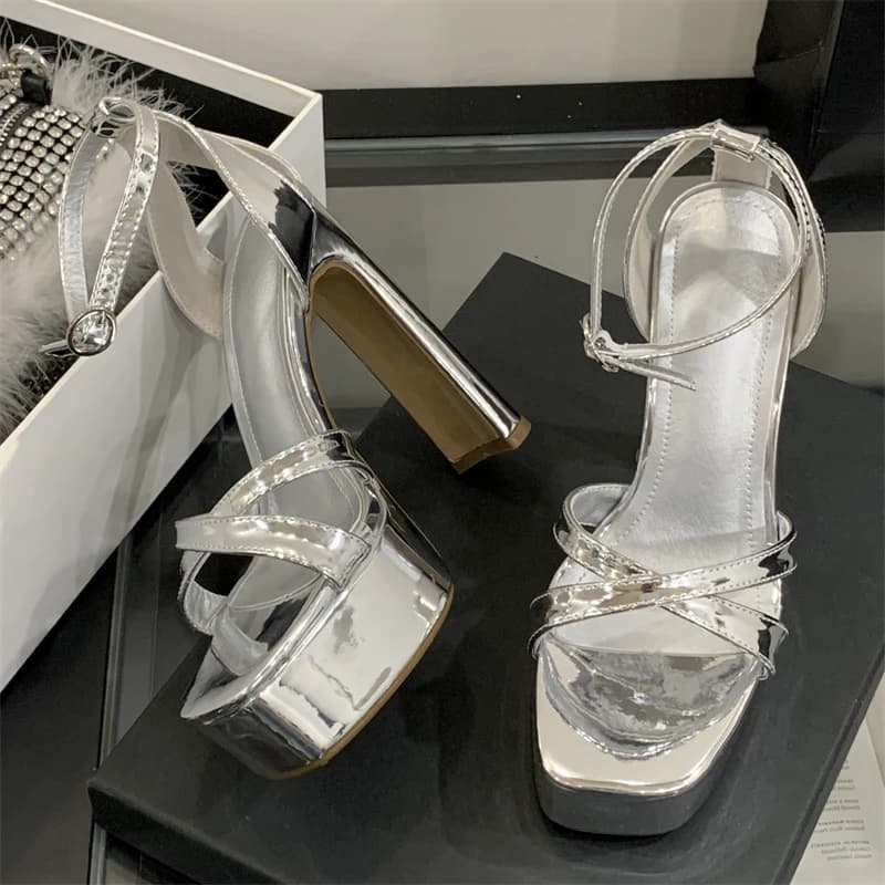 Eilyken Estate Tacchi alti estremi Sandali da donna con plateau e punta quadrata Moda Scarpe da sera con cinturino con fibbia a fascia stretta