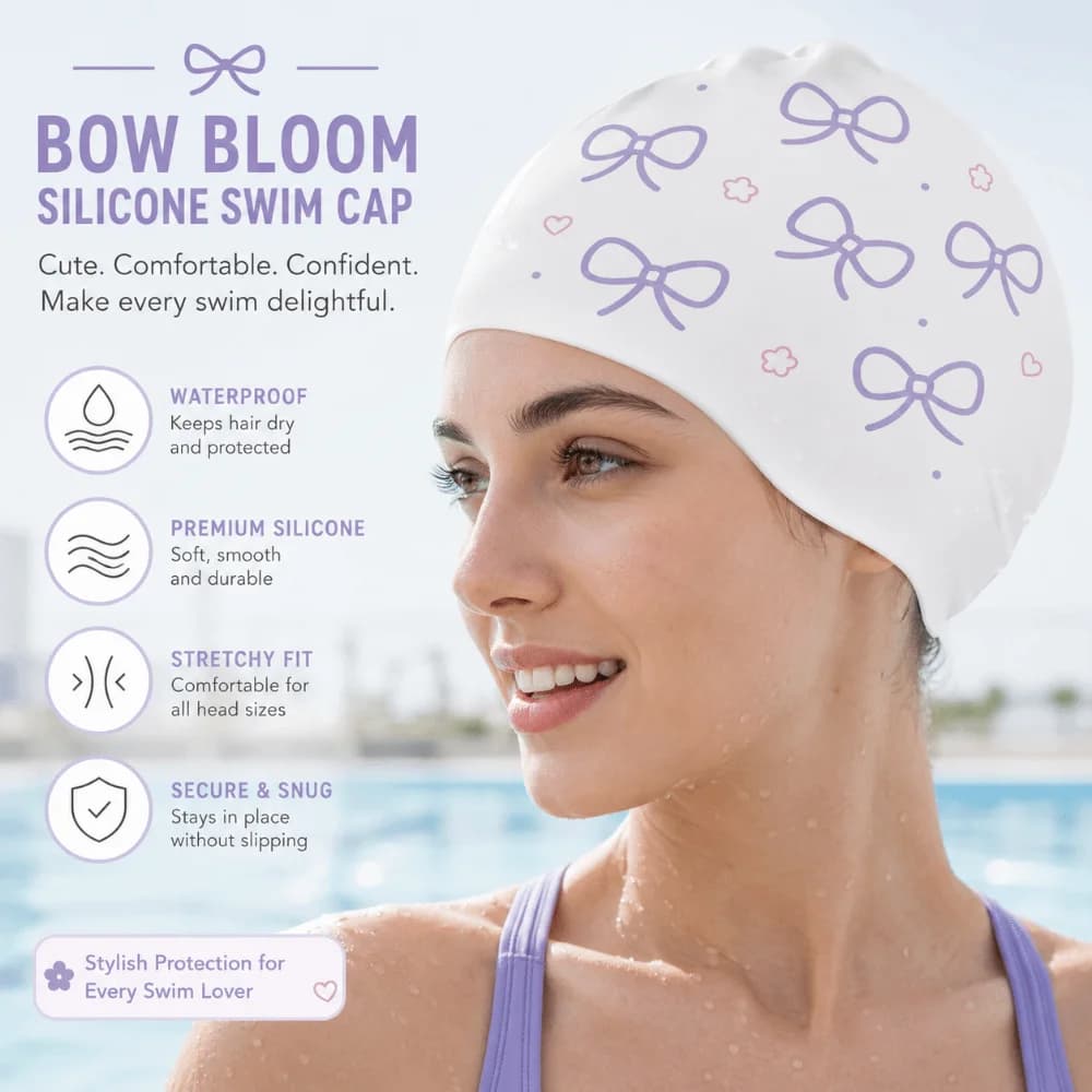 Creative Bow Print Swimming Hat Funny High Elastic Bathing Caps Ear Protection Silicone Pool Headgear Water Activities