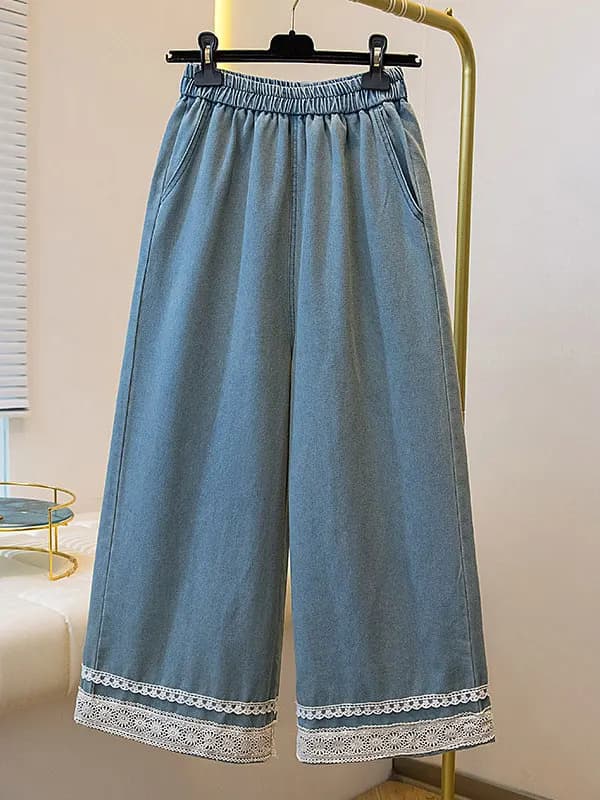 High Waist Straight Leg Jeans Women's Spring Autumn New Style plus Size Pear Shape Body Lace Trim Elastic Wide Leg Pants