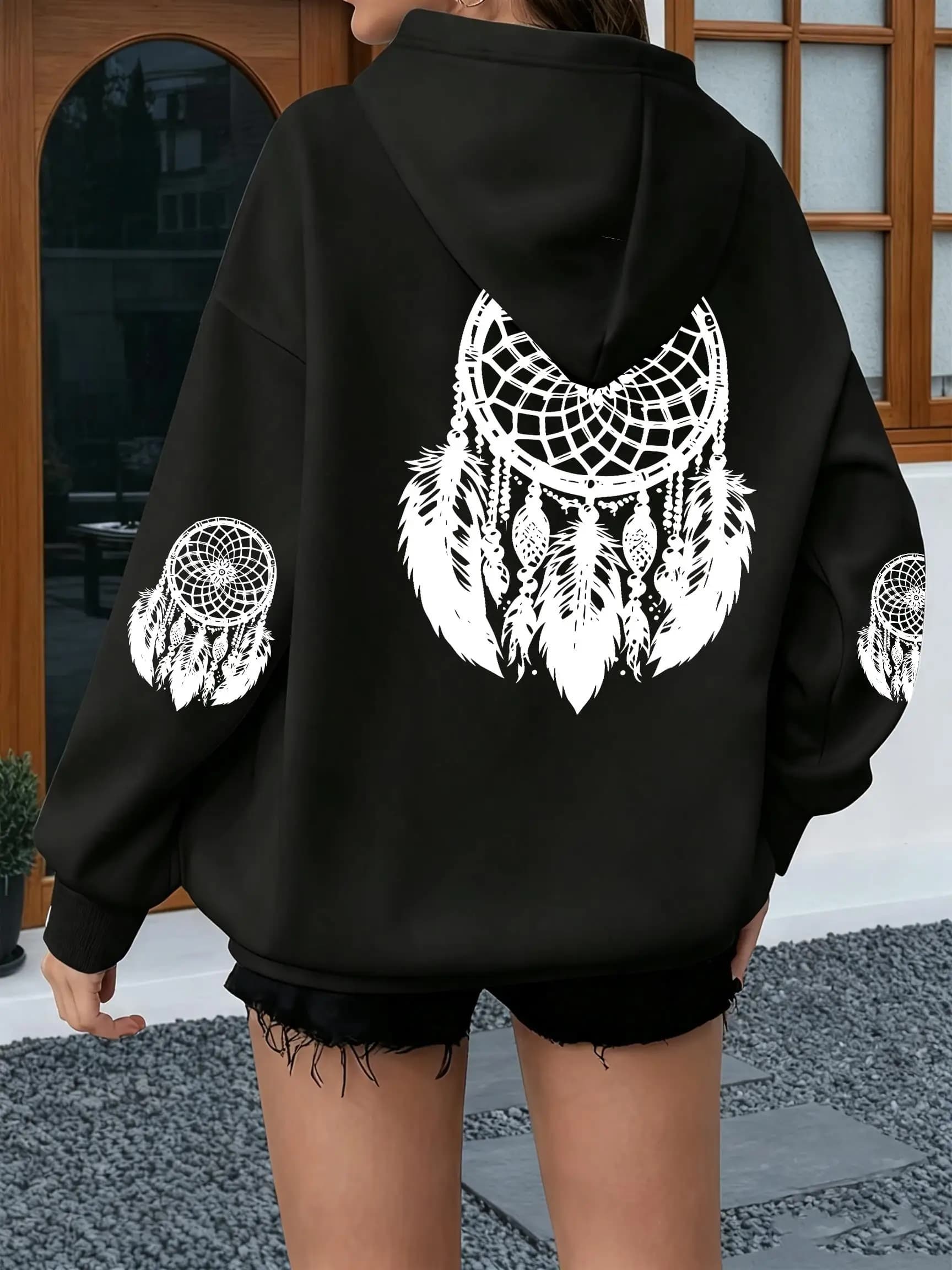 Dreamcatcher Feathers Tribal Boho Print Women Hoodie Pocket Hoody Vacation Loose Pullovers Autumn Fleece Streetwear