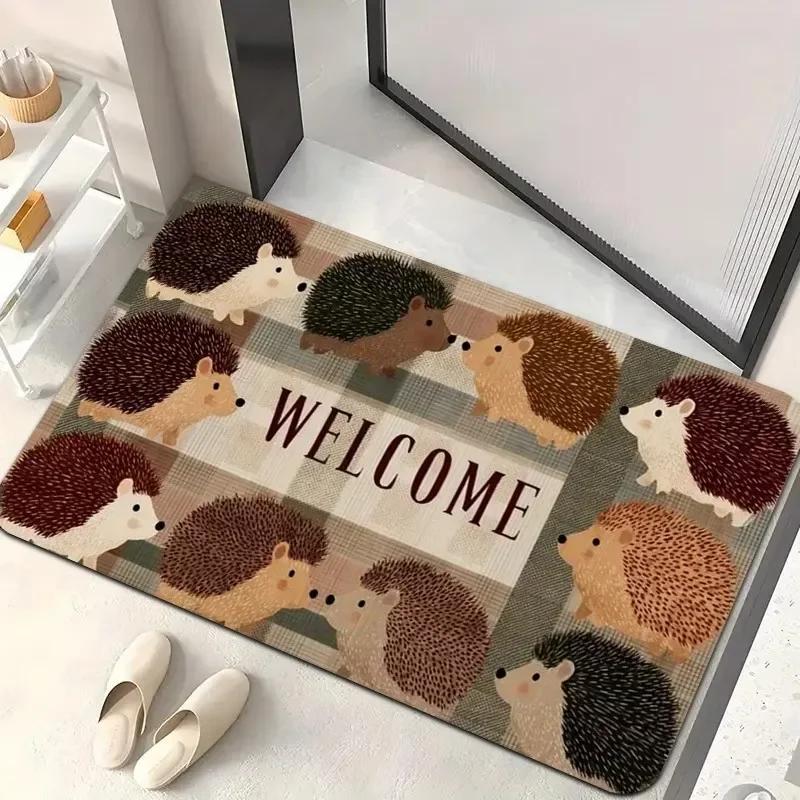 Nice welcome carpet in the shape of a hedgehog, entrance carpet with forest animals in cartoon style, adorable decorative carpet in the shape of a porcupine for animal lovers