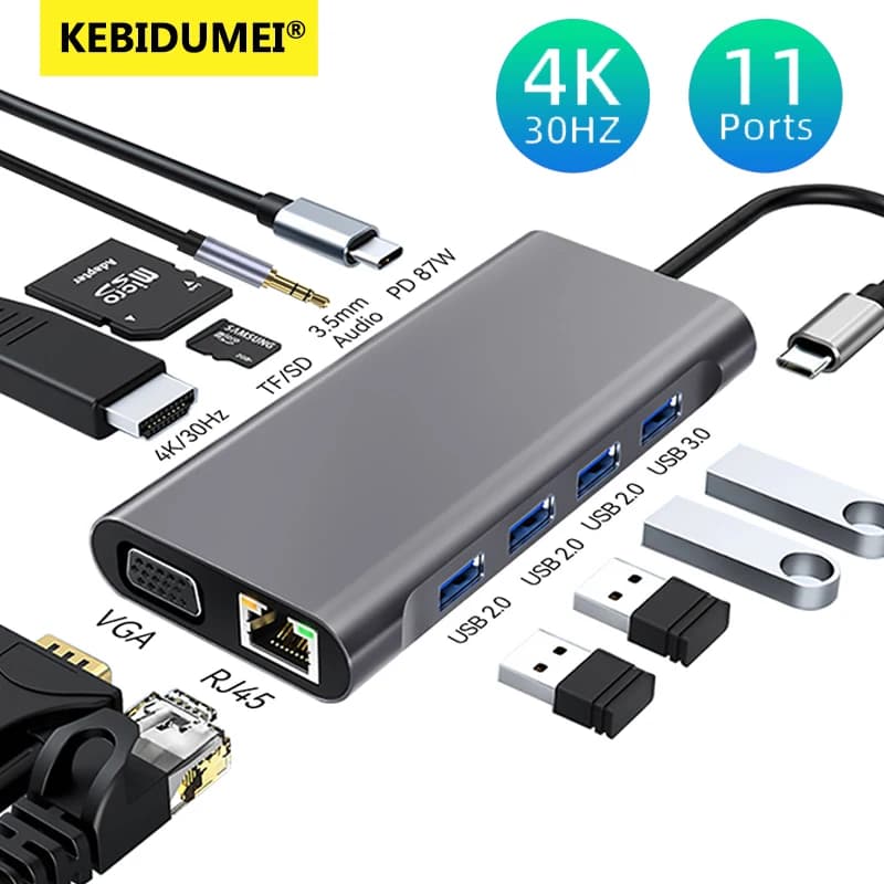 Docking station USB C HUB a 11 porte Adattatore RJ45 per scheda 4K VGA SD/TF compatibile HDMI 3,5 mm AUX 11 in 1 per PC portatile Splitter