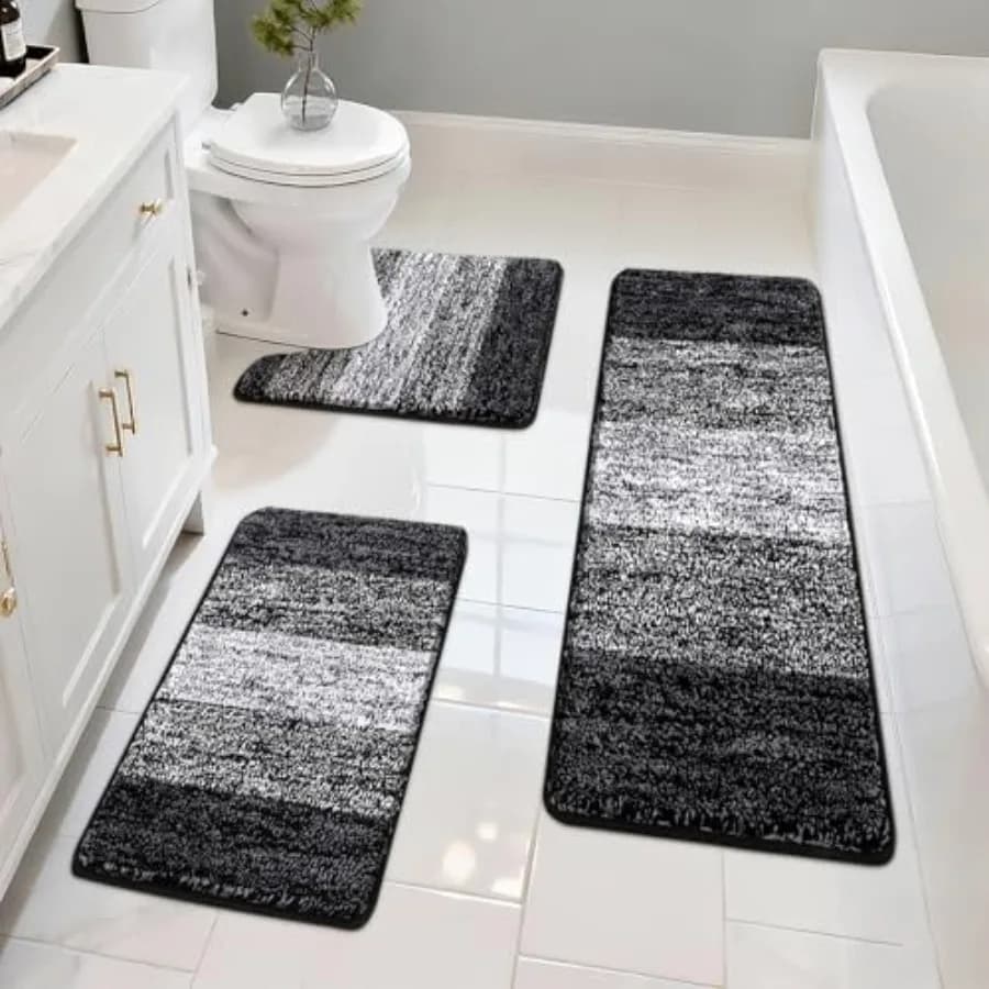 Set di 3 tappetini da bagno antiscivolo in peluche, tappeti da bagno assorbenti e soffici con tappetino per WC a forma di U, nero 18"x26"