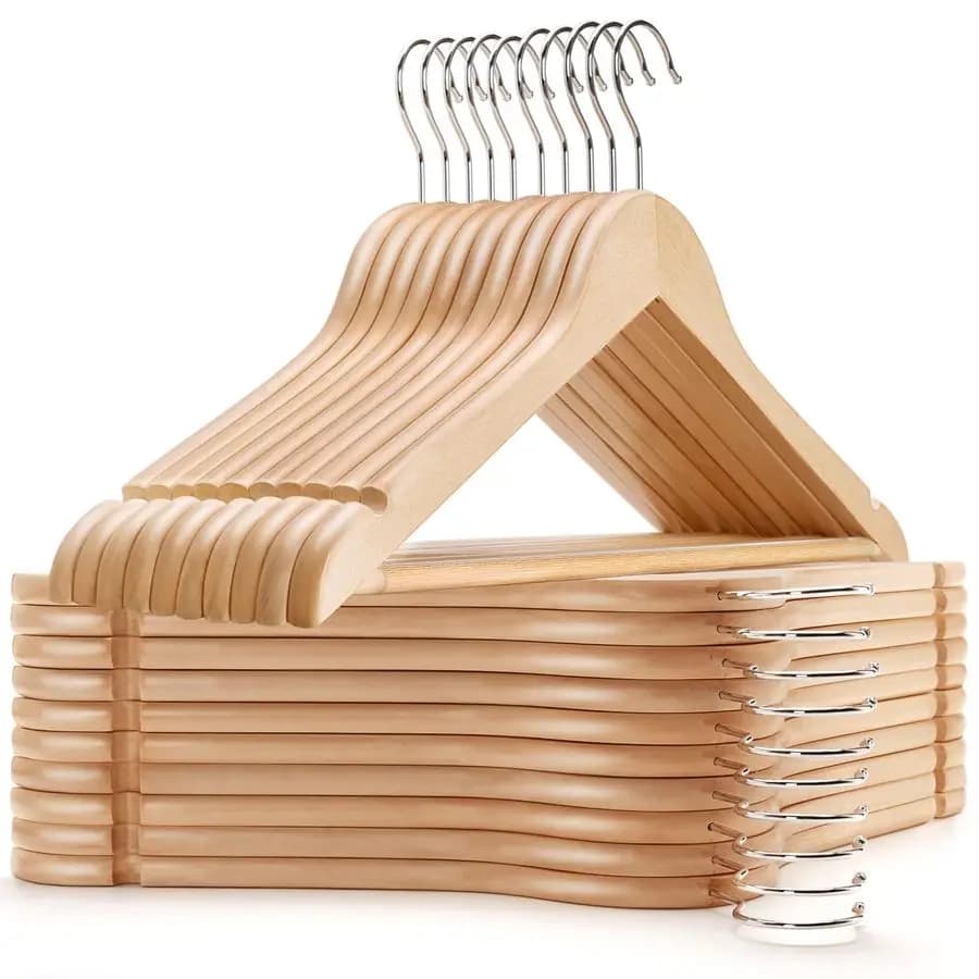 Pack of 30 Hangers in Natural Wood, Anti-slip hangers with Pants Bar, for Shirts, Jackets, Dresses, Pants