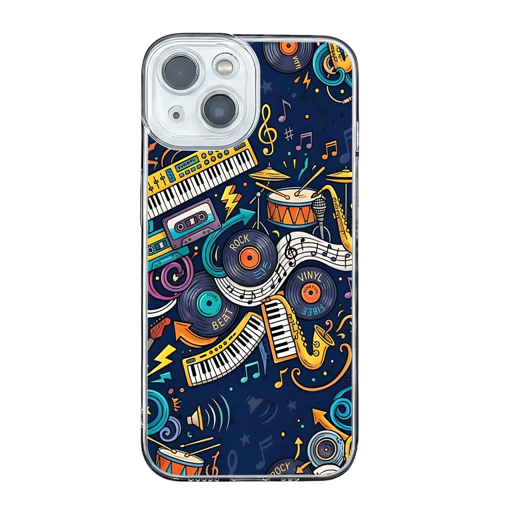 Cover per iPhone 17 16 15 14 13 12 11 Pro Max con motivo musicale a doodle, strumenti musicali colorati e dischi in vinile