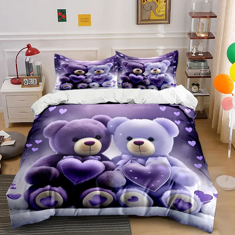 Purple romantic teddy bears with hearts Duvet Cover Set with 3D Printing Design Soft Polyester Bedding Set All-Season Comfort