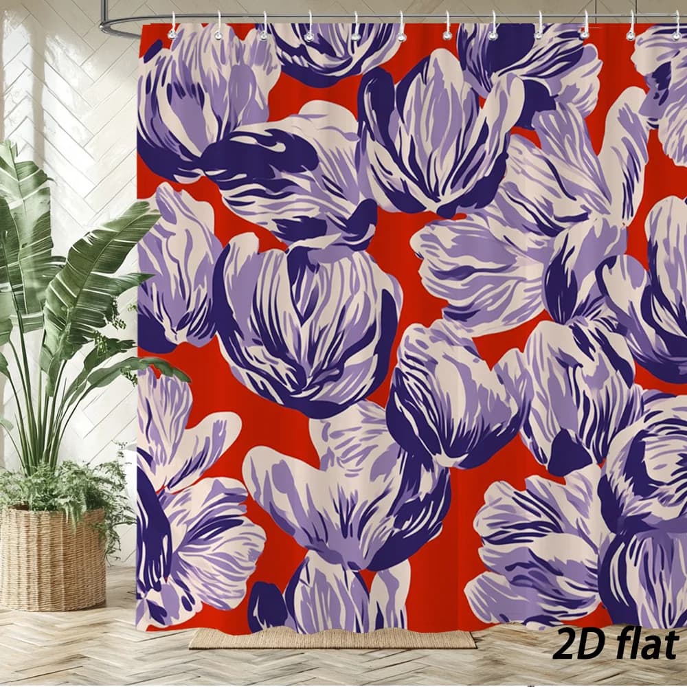 Ganci per tenda da doccia Tulip con stampa piatta 2D, fiori stilizzati rosso carminio, viola chiaro, viola scuro, bianco, petali sovrapposti, contorni audaci