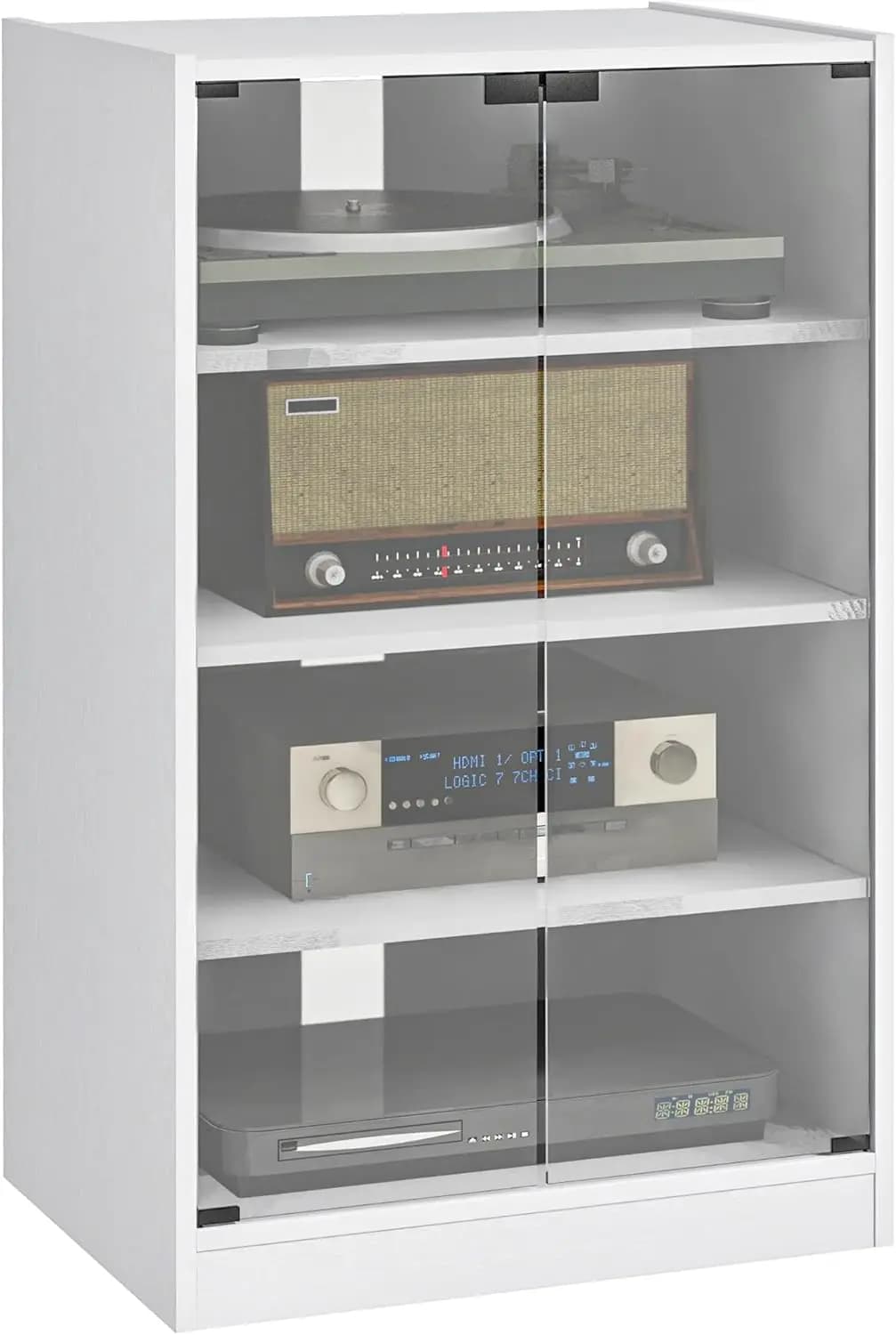 Armadietto multimediale a 4 livelli con ripiani regolabili, porte in vetro temperato e gestione dei cavi per stereo, dischi in vinile ed elettronica