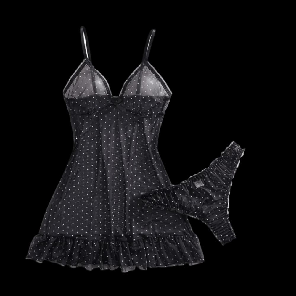 Home Wear Polka Dot Sweet Nightdress Transparent V Neck Sheer Nightwear Skirt Mesh Ruffle Hem Women's Pajamas Home