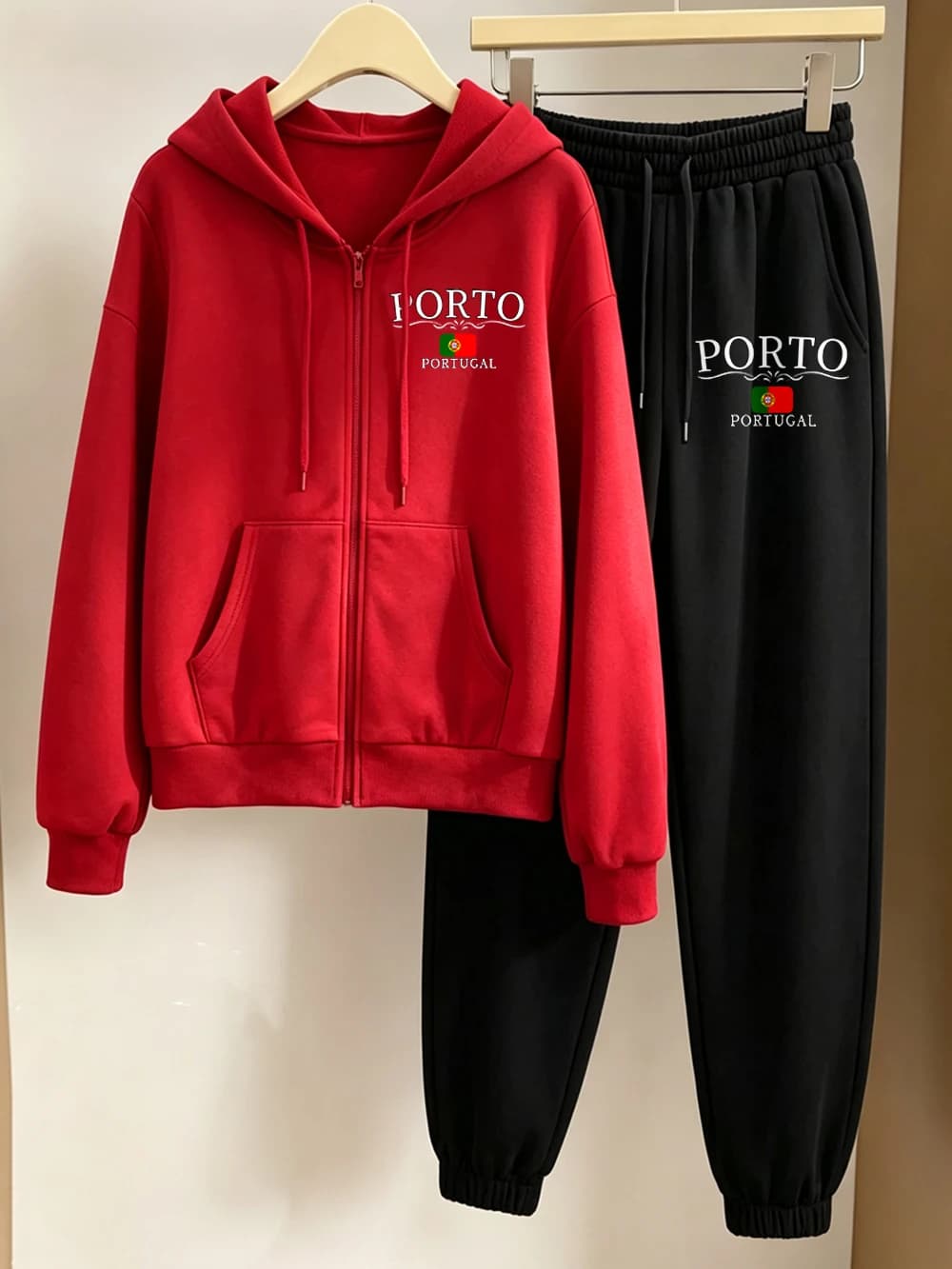 2Pcs Zipper Hoodies Set Womens Porto Portugal Prints Sweatpantswinter Pocket Oversized Jogger Pants Basic Fleece Warm Sweatshirt