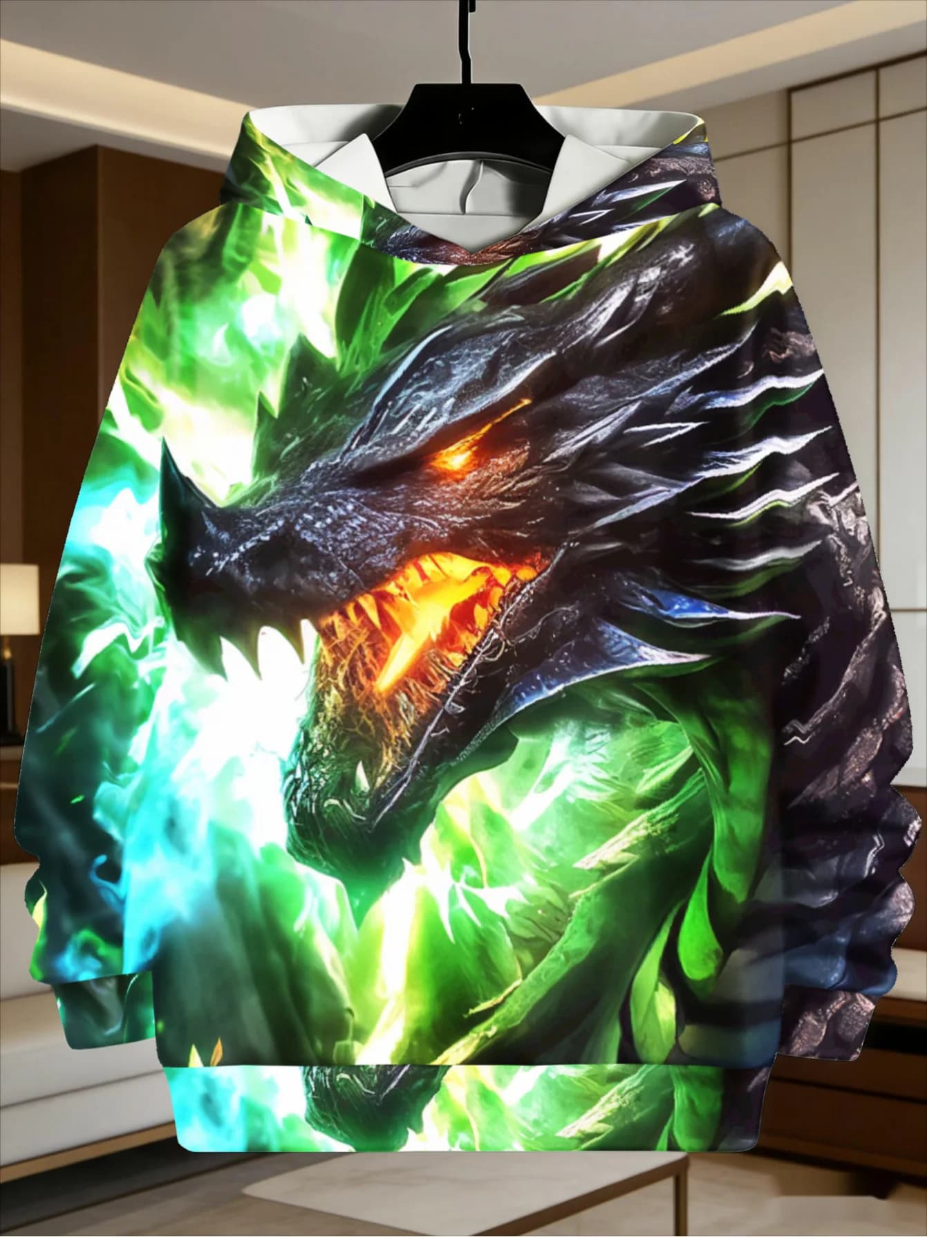 Men Dark Dragon Green Fire Glowing Eyes 3D All Over Print Hoodie Fantasy Dragon Graphic Casual Long Sleeve Hooded Sweatshirt