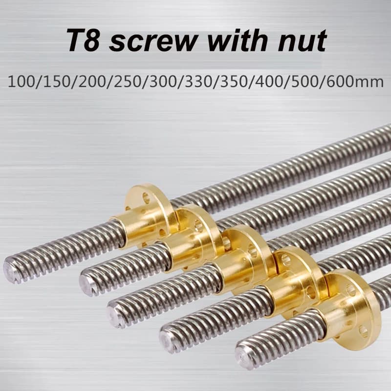 Trapezoidal Screw T8 with Nut for 3D Printer, CNC, Laser Engraver - Step 2mm, Length 250-600mm, Stainless Steel 304