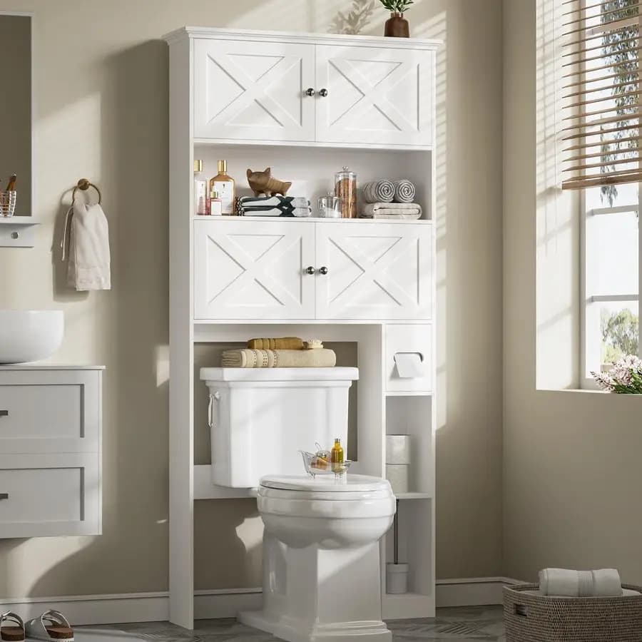 Mobiletto portaoggetti da bagno, mobiletto portaoggetti in stile rustico da posizionare sopra il WC con 4 ante scorrevoli e porta rotolo di carta igienica, bianco