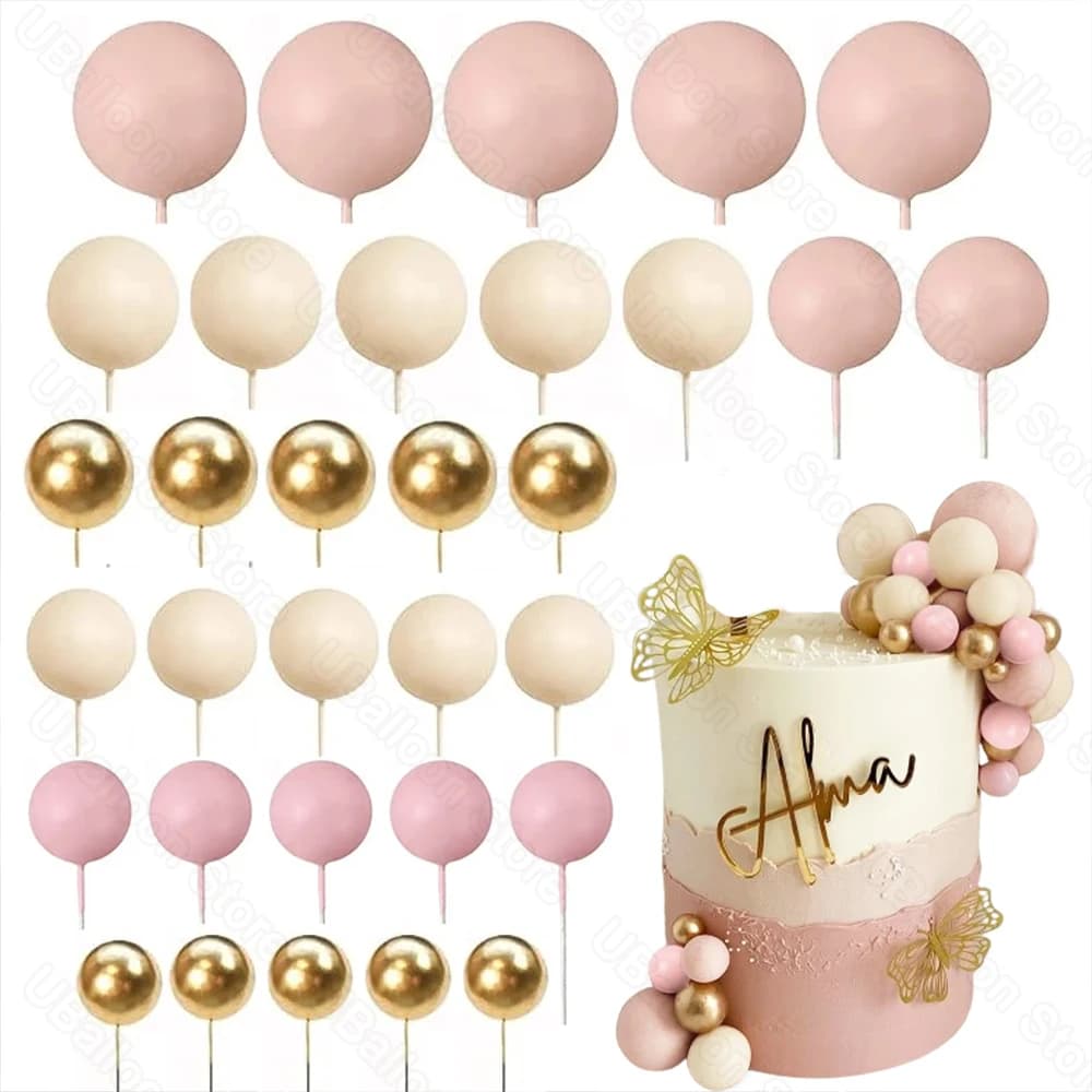 35pcs Pink Balls Cake Decoration 2-4cm Gold Boho Skin Blush Pink Cake Toppers for Birthday Wedding Baby Shower Party Cake Supply