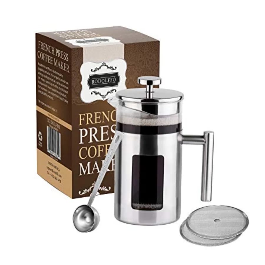 34 Ounce French Press Coffee Maker with Stainless Steel 18/8 frame, 1 Litre Heat Resistant Borosilicate Glass Carafe includes 2