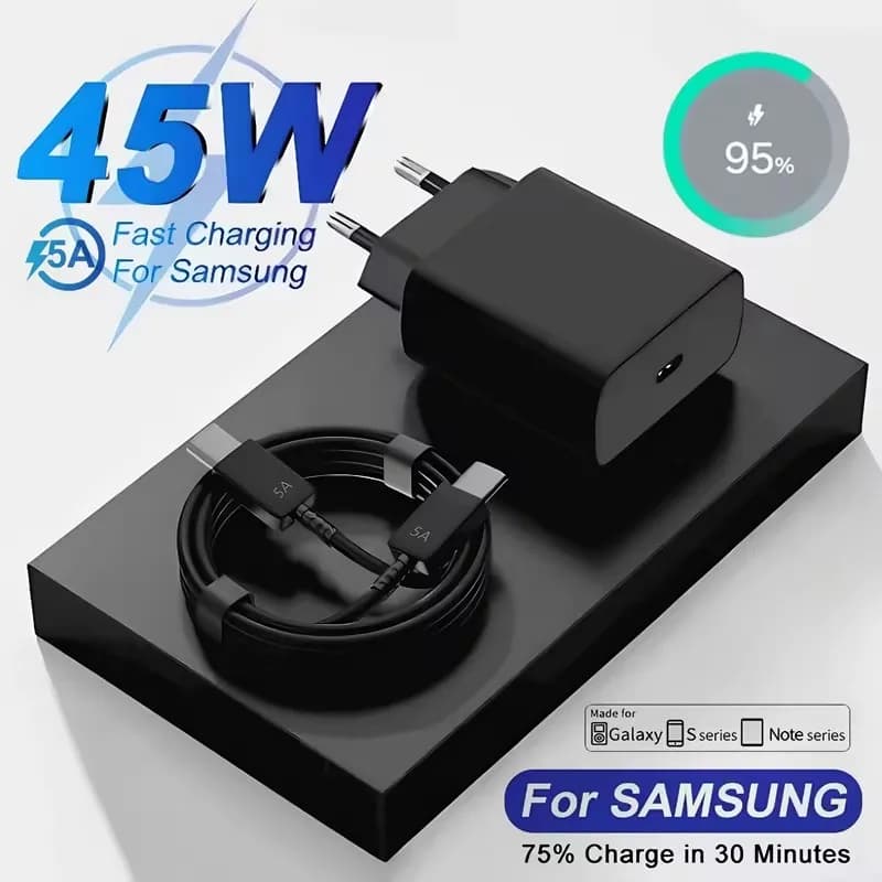 USB-C Super Fast 45W 5A PD Charger for Samsung S21 S22 S23 S24 S25 Note 20 Ultra A06 A16 A35 A53 A54 A55 with Type-C Charging Cable