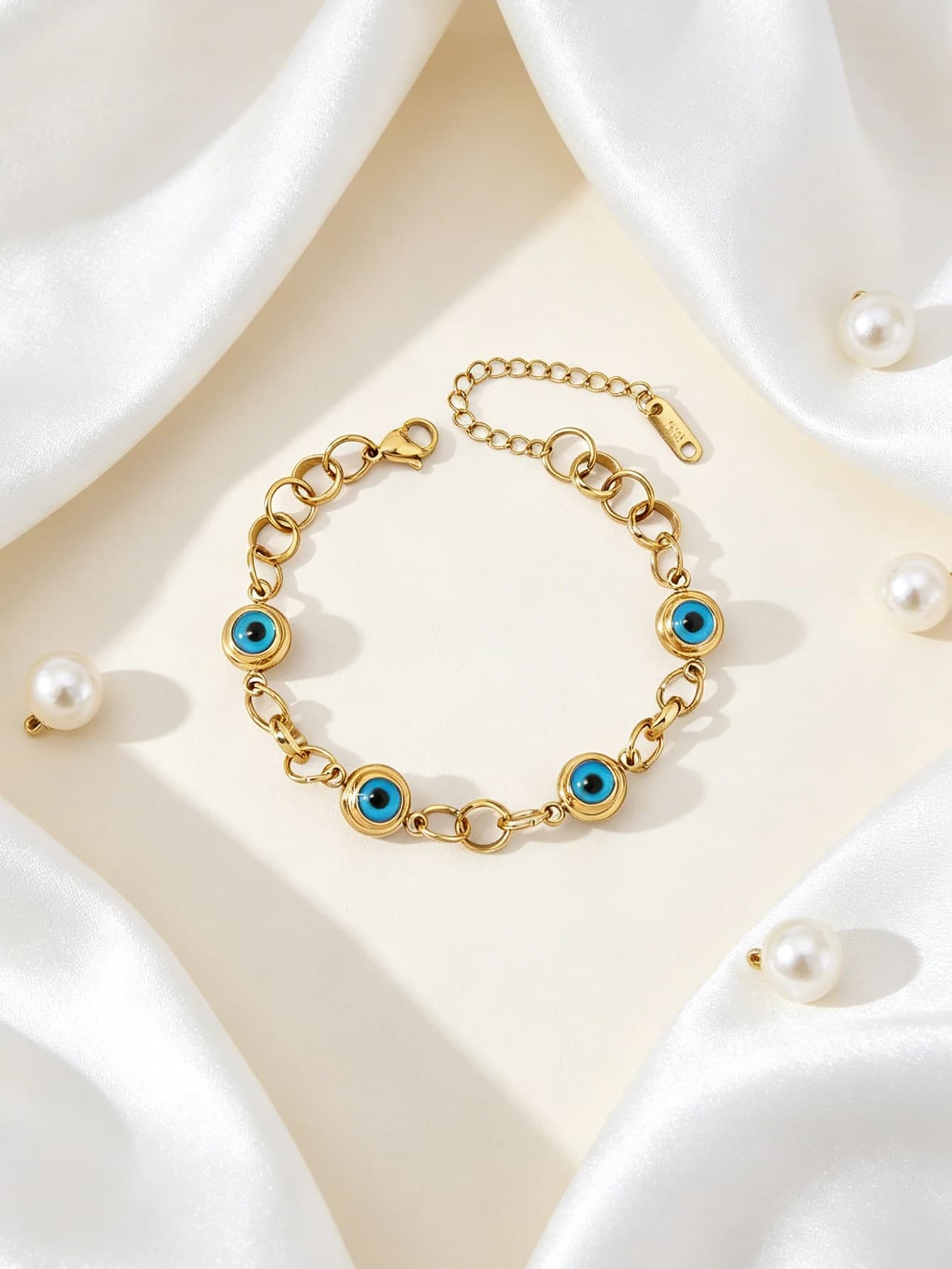 1Pc Vintage Niche Bohemian-Style Women'S Bracelet, 18K Gold Plated Stainless Steel With Blue Evil Eye