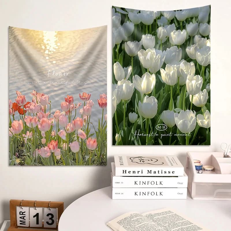 JIT Tulip Floral Tapestry Set Aesthetic Nature-Inspired Wall Decor Premium Durable Home Bedroom Living Room Essential for Serene