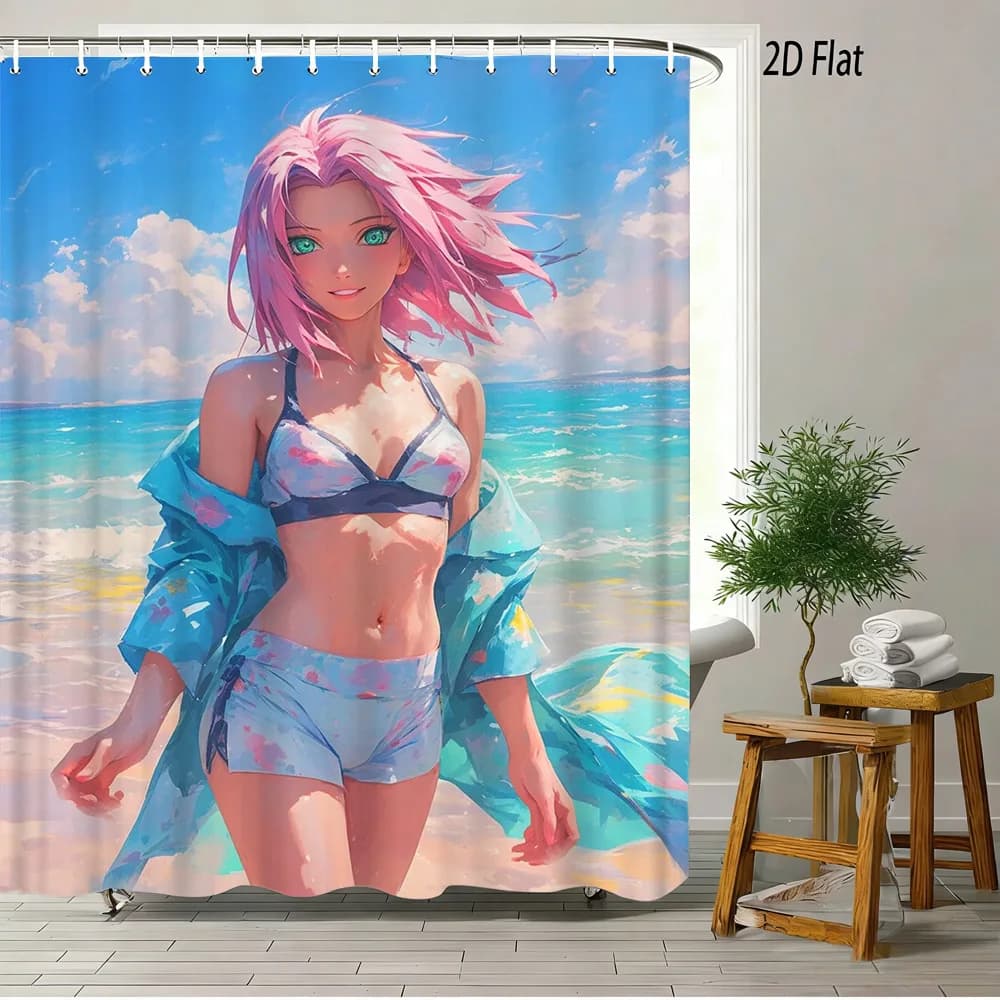 Tenda da Doccia Impermeabile 2D con Stampa Anime Sakura Blu Tie-Dye, Decorazione per Bagno e Spiaggia