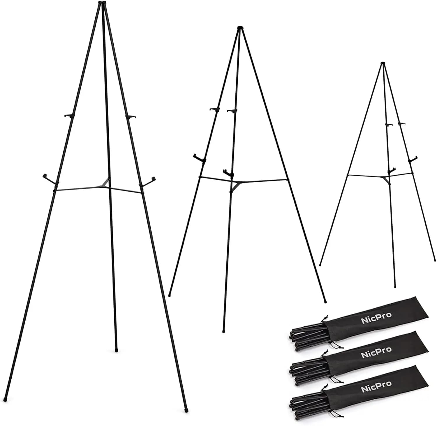 Set di 3 Cavalletti da Terra in Metallo da 63 Pollici, Neri, Portatili per Artisti, Poster, Matrimoni, con Borsa per il Trasporto