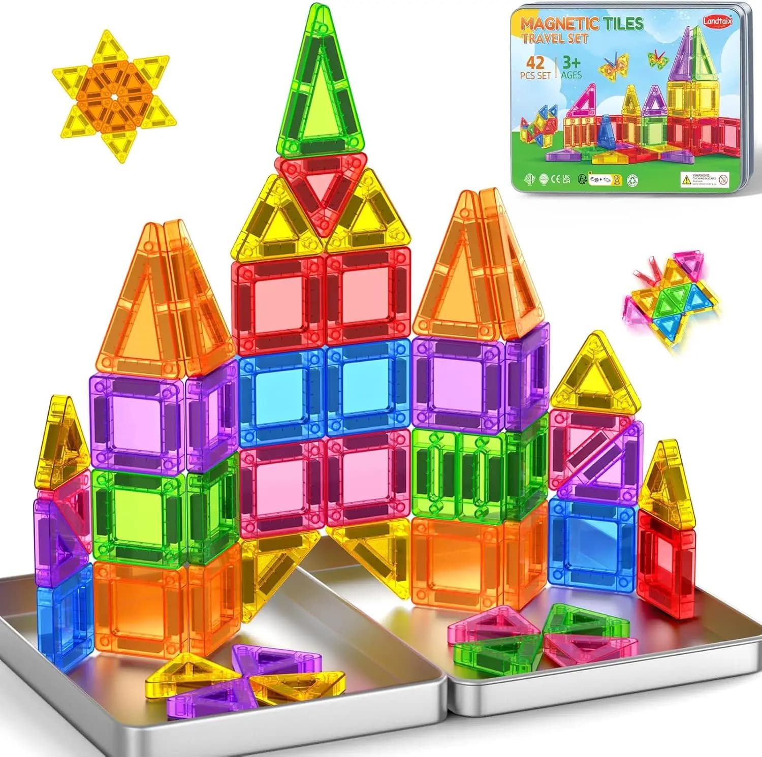 Set da Viaggio di Mini Piastrelle Magnetiche con Scatola in Ferro, 42 Pezzi Blocchi da Costruzione Giocattoli Educativi per Bambini dai 3 Anni in su