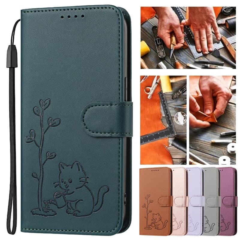 Cats & Trees Pattern Leather Phone Case For iPhone 17E 16E 18 17 AIR 15 Plus 16 Pro Max Wallet Flip Cover Card Holder Luxury Bag