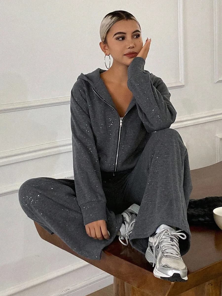 Felpa con cappuccio e zip da donna e pantaloni a gamba larga, set da 2 pezzi, abbigliamento casual per il tempo libero
