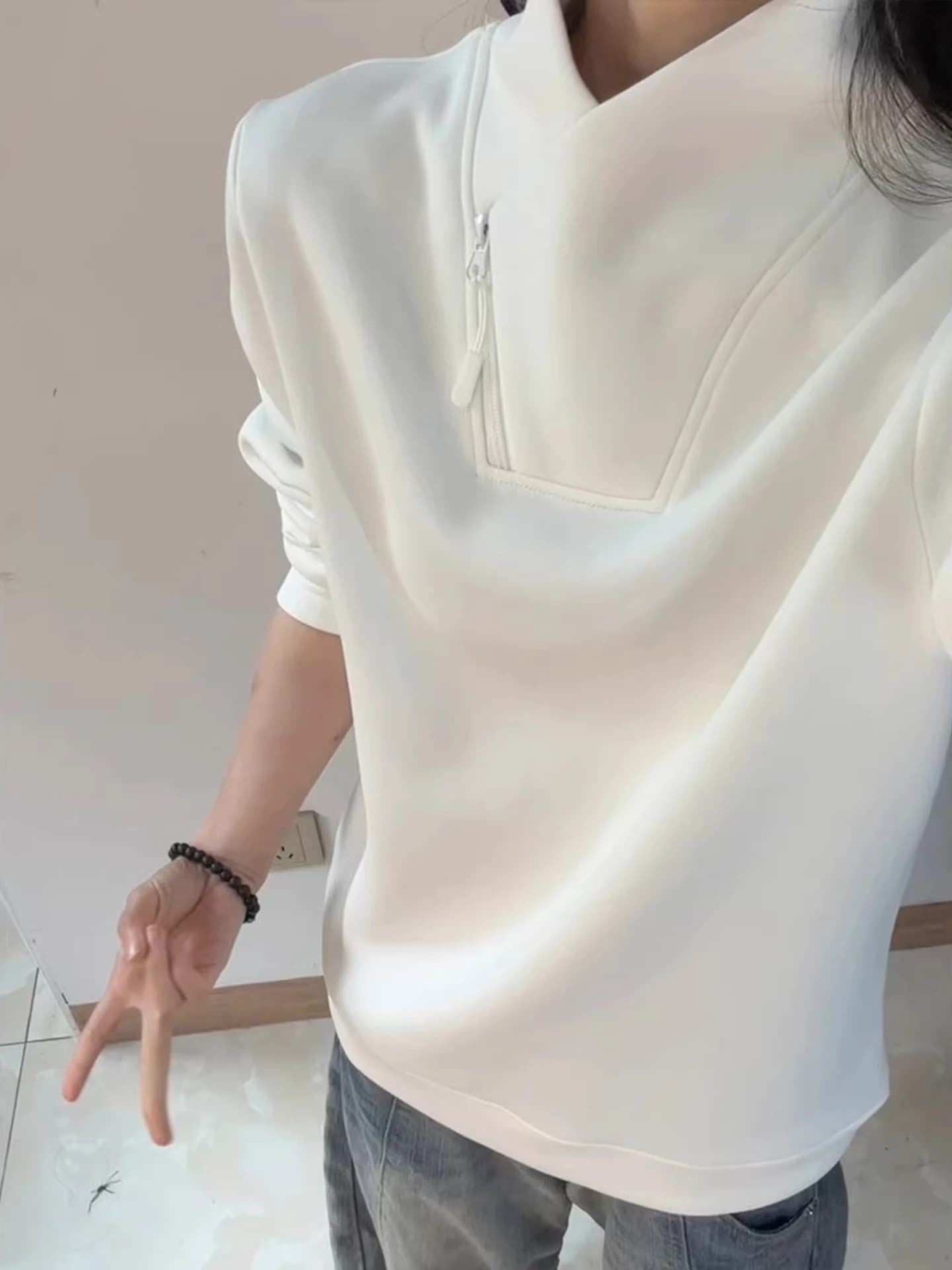Felpa con Cappuccio Bianca a Collo Alto con Zip, Foderata, Maniche Lunghe, Design Casual e Comodo per Uomo, Autunno Inverno