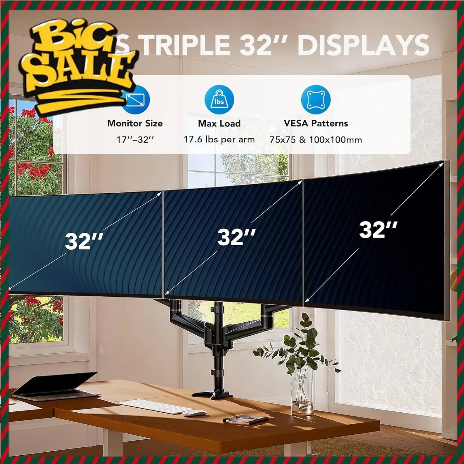 Triple support for monitors from 17 to 32 inch, adjustable support for triple gaming monitor with rotation function, inclination, orientation, clamp and cable.